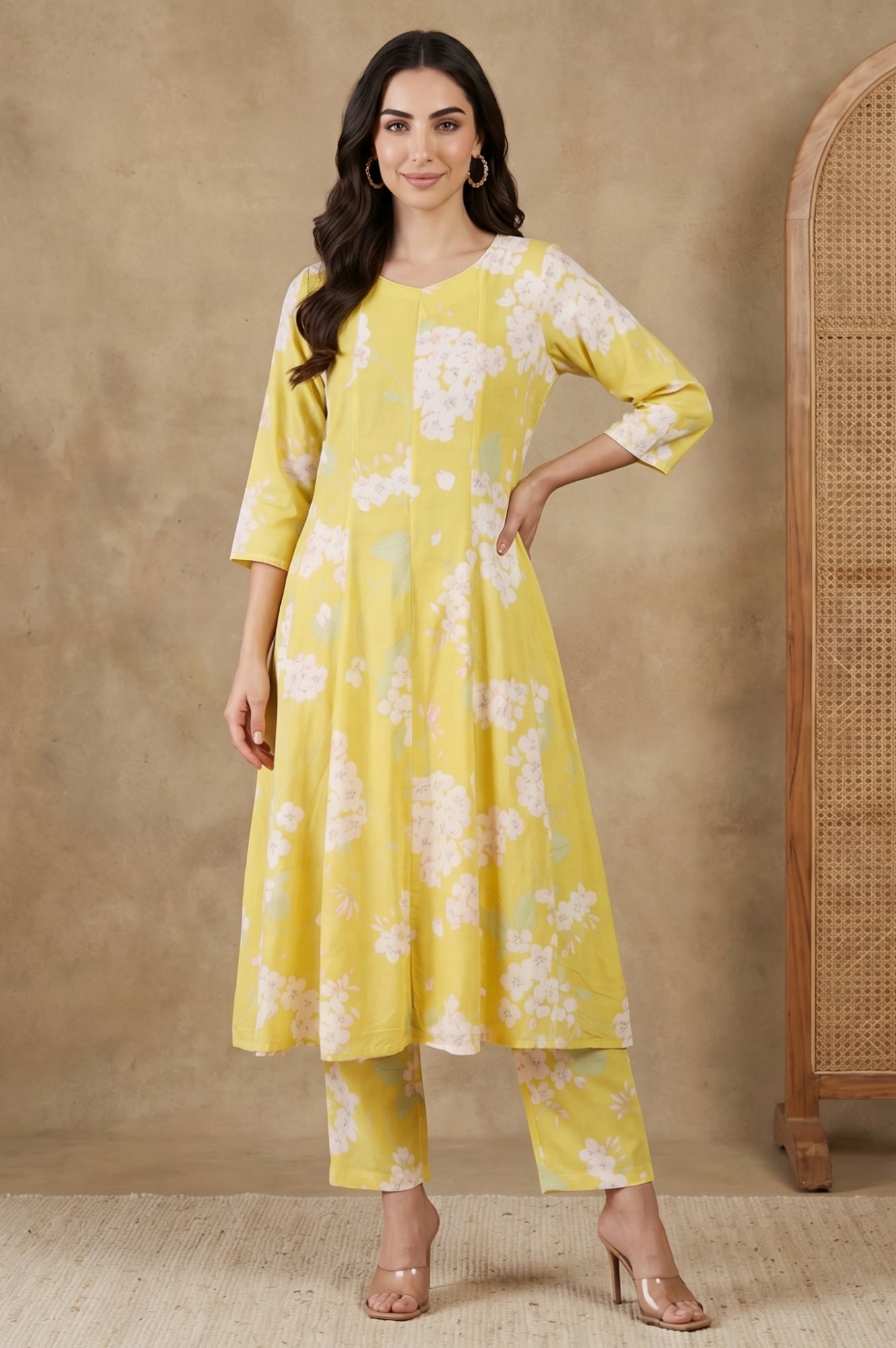 Yellow Floral Printed Straight Fit Pants