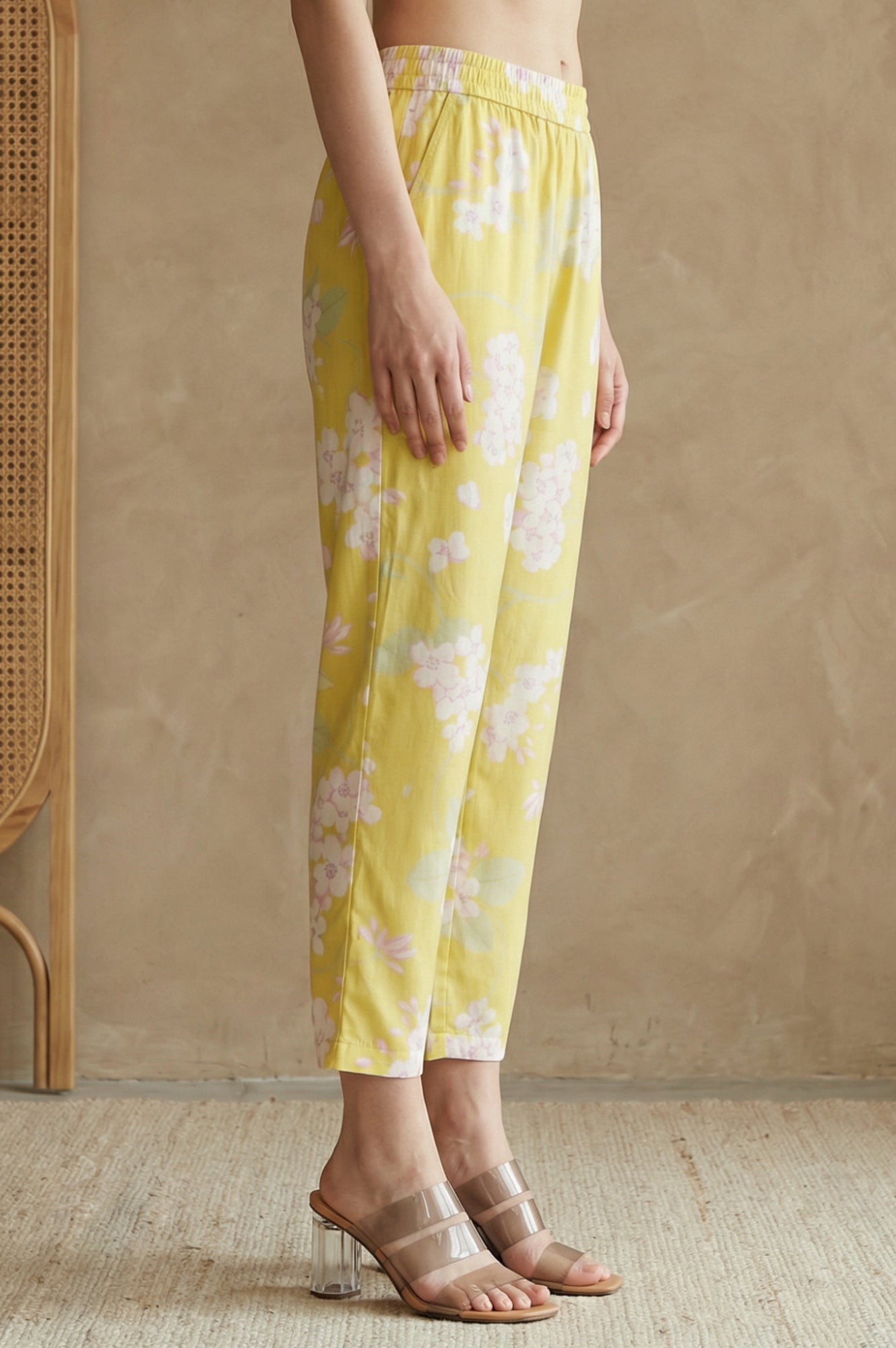 Yellow Floral Printed Straight Fit Pants