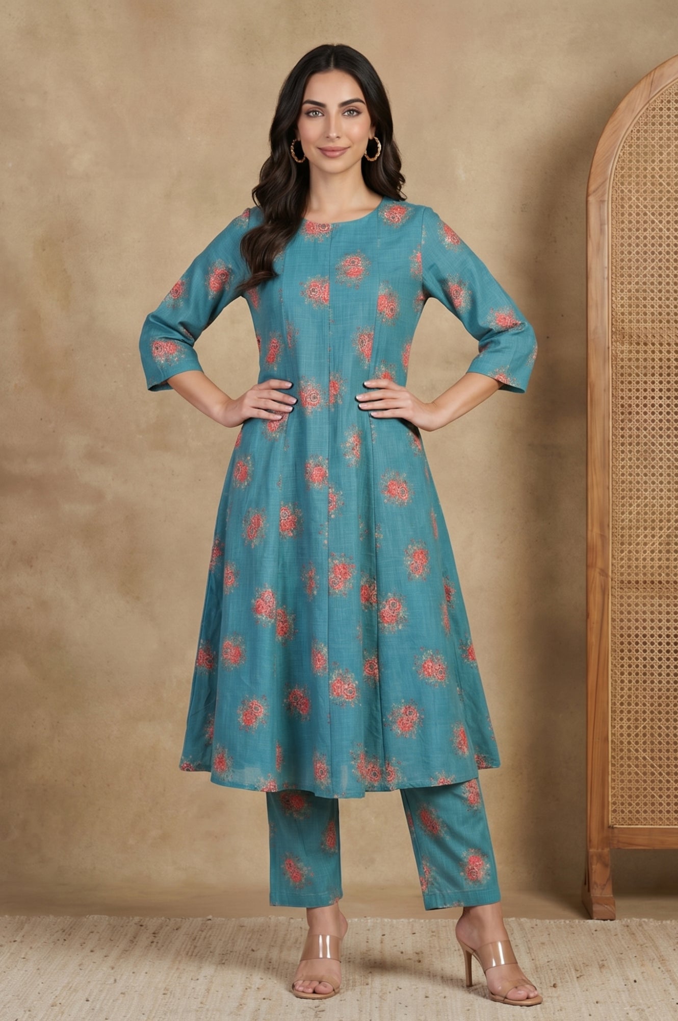 Teal Floral Printed Straight Fit Pants