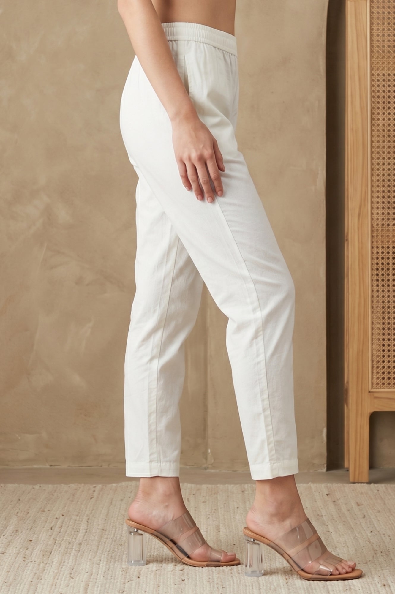 Off White Solid Pure Cotton Straight Fit Pants