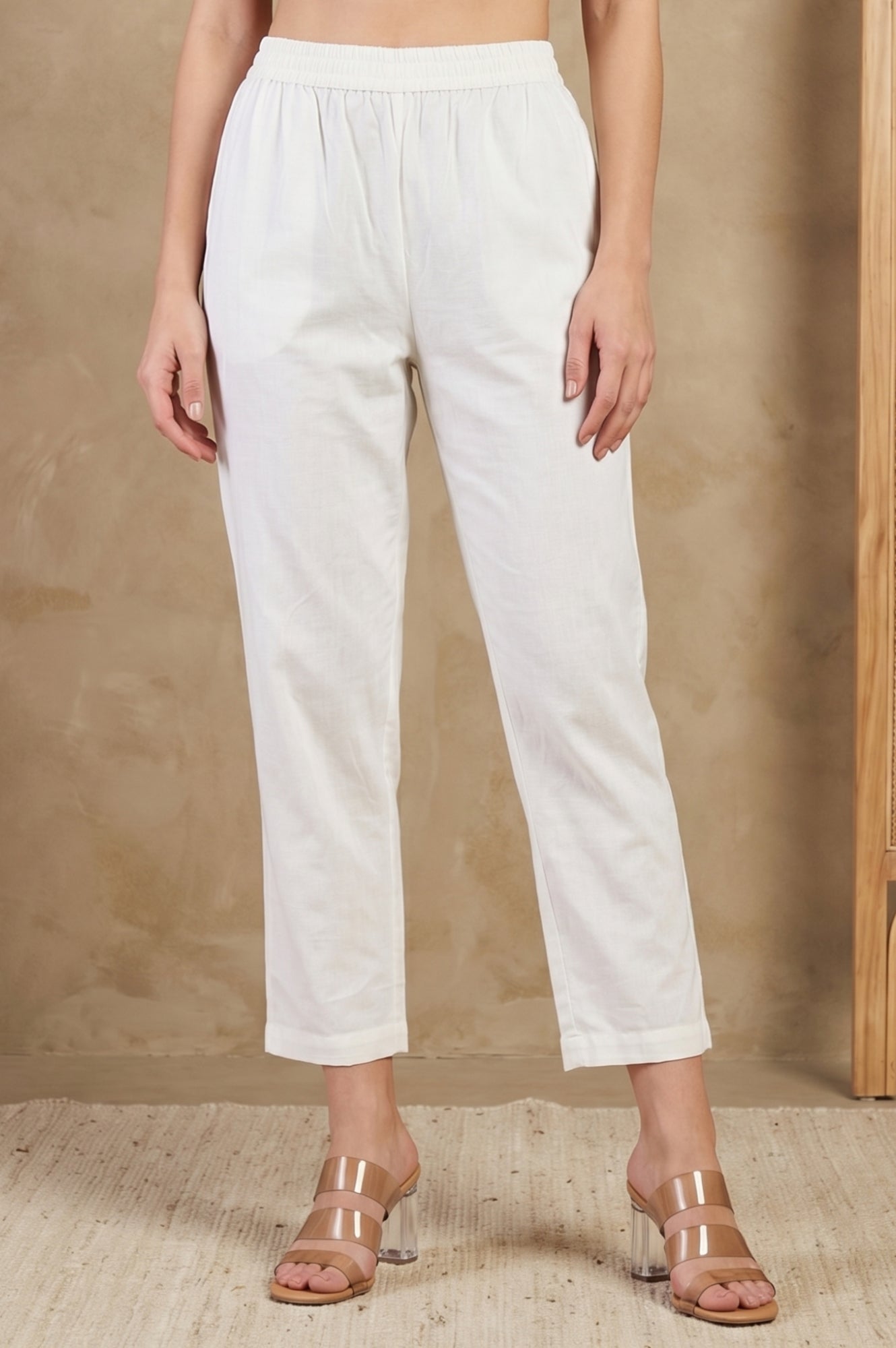 White Solid Pure Cotton Straight Fit Pants