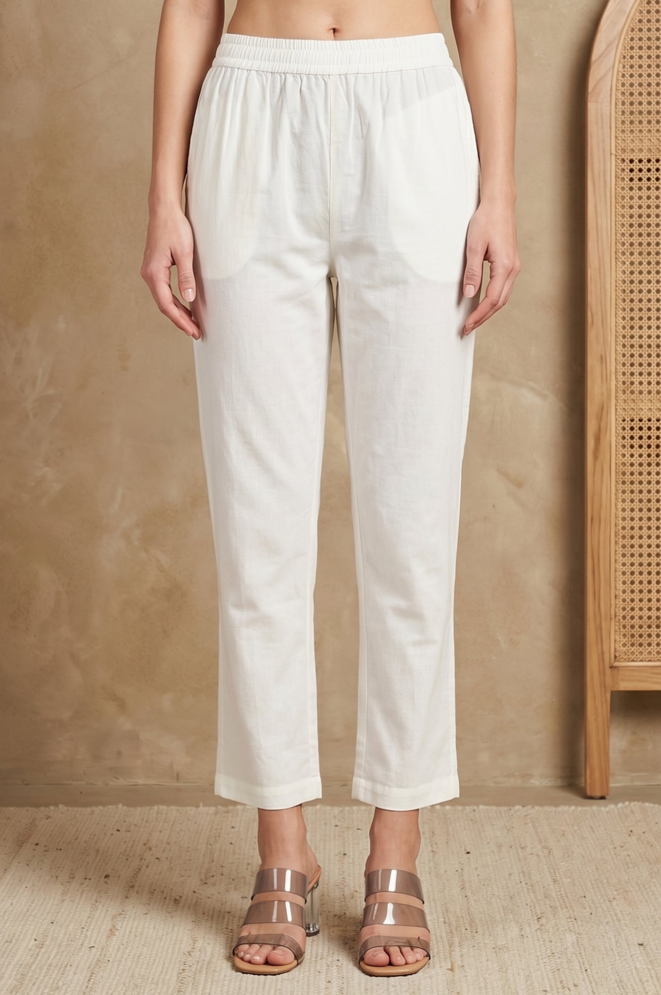 White Solid Pure Cotton Straight Fit Pants