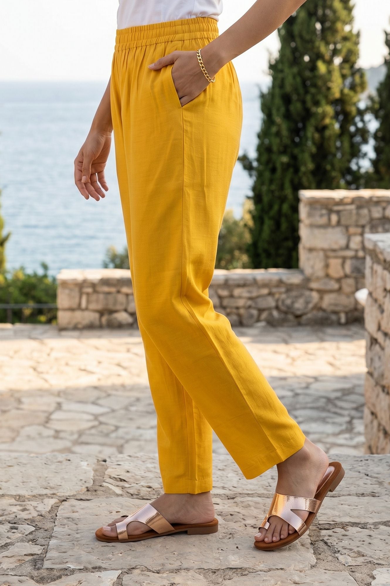 Mustard Solid Buttons Chanderi Straight Fit Crop Mid Rise Pant