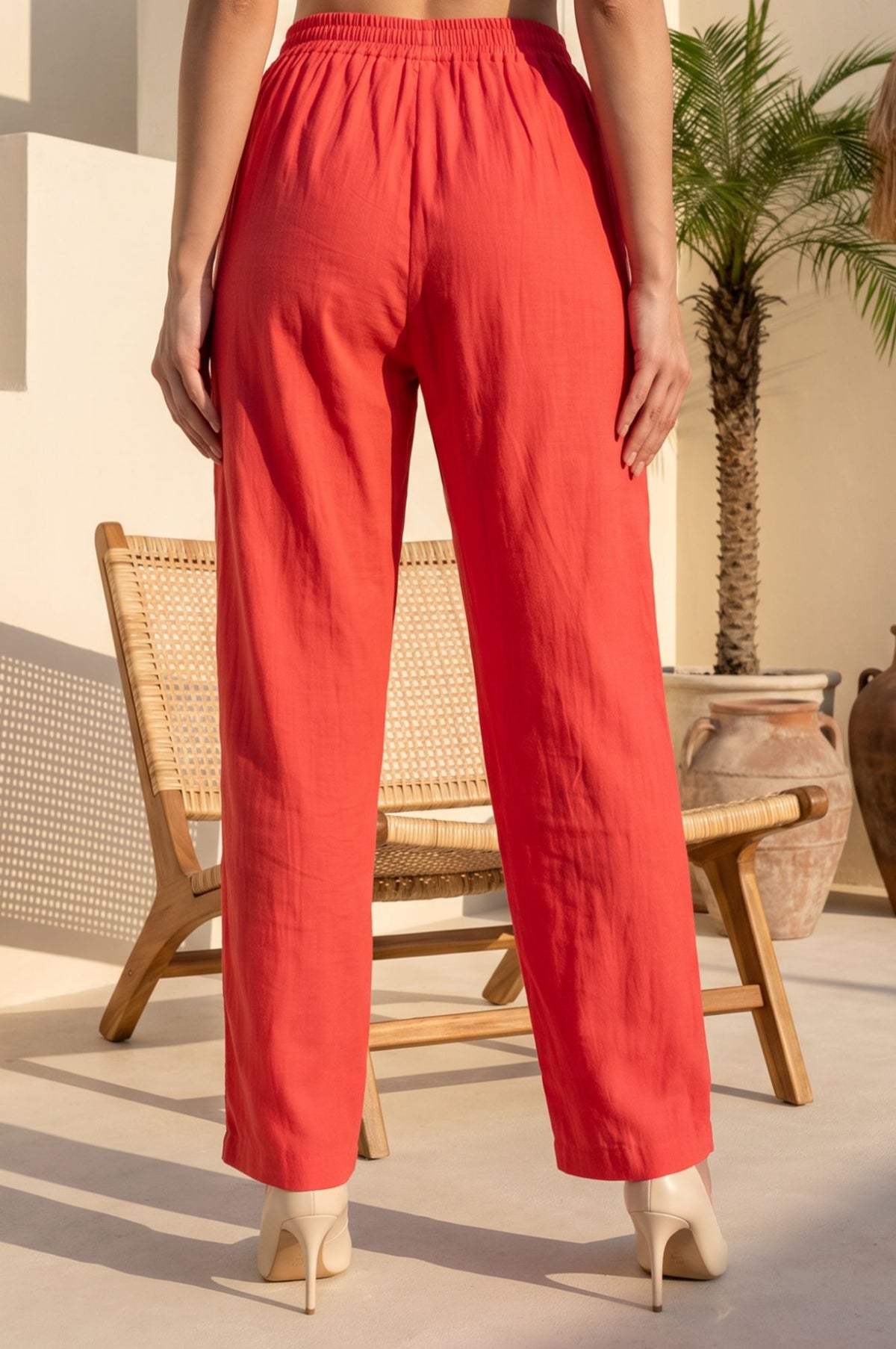 Coral Solid Tape Straight Fit Crop Mid Rise Pants