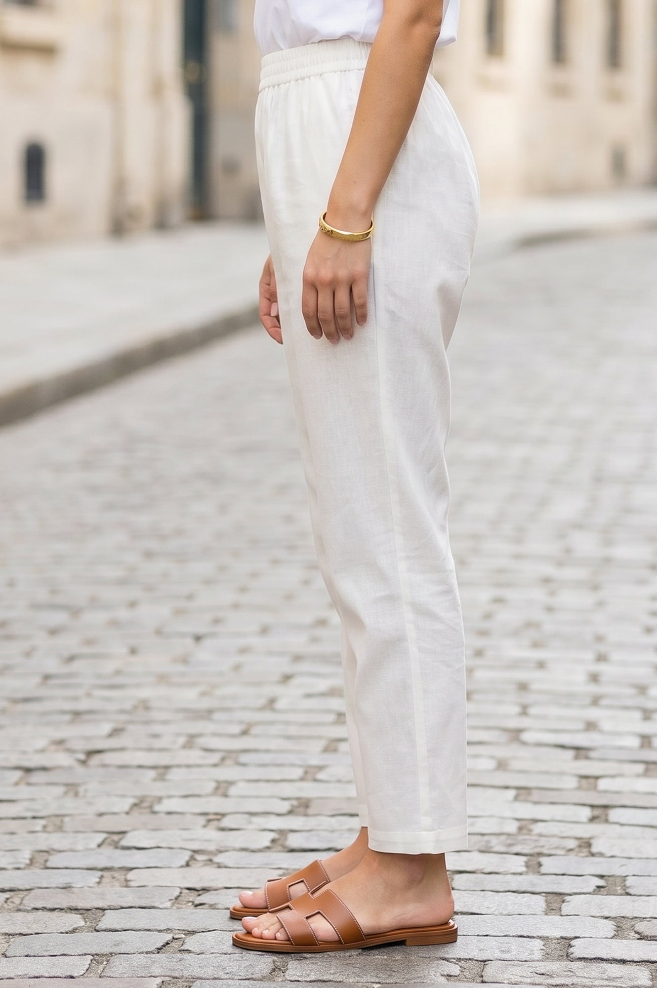 Off White Cotton Flax Mid Rise Straight Pants
