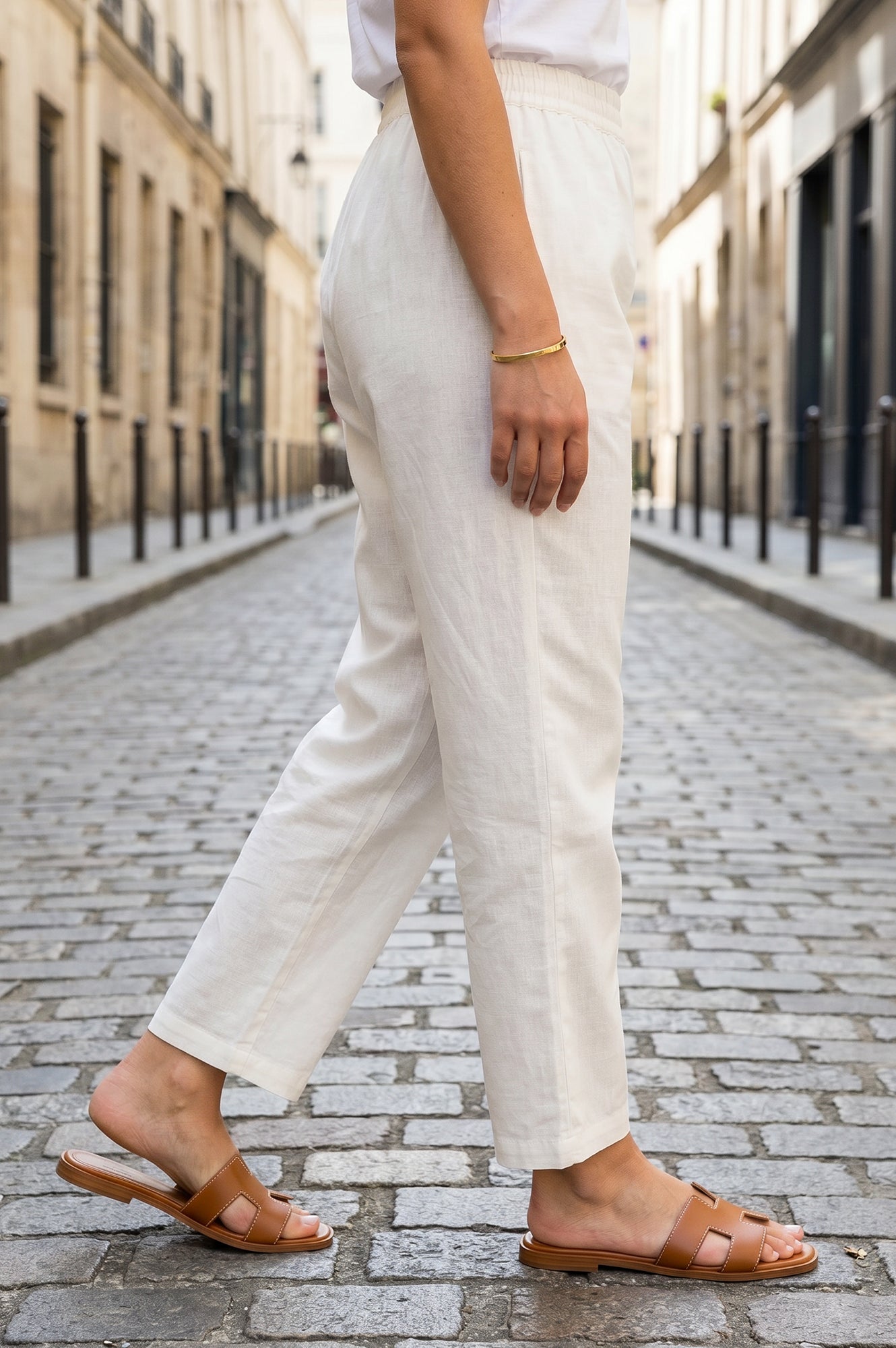 Off White Cotton Flax Mid Rise Straight Pants