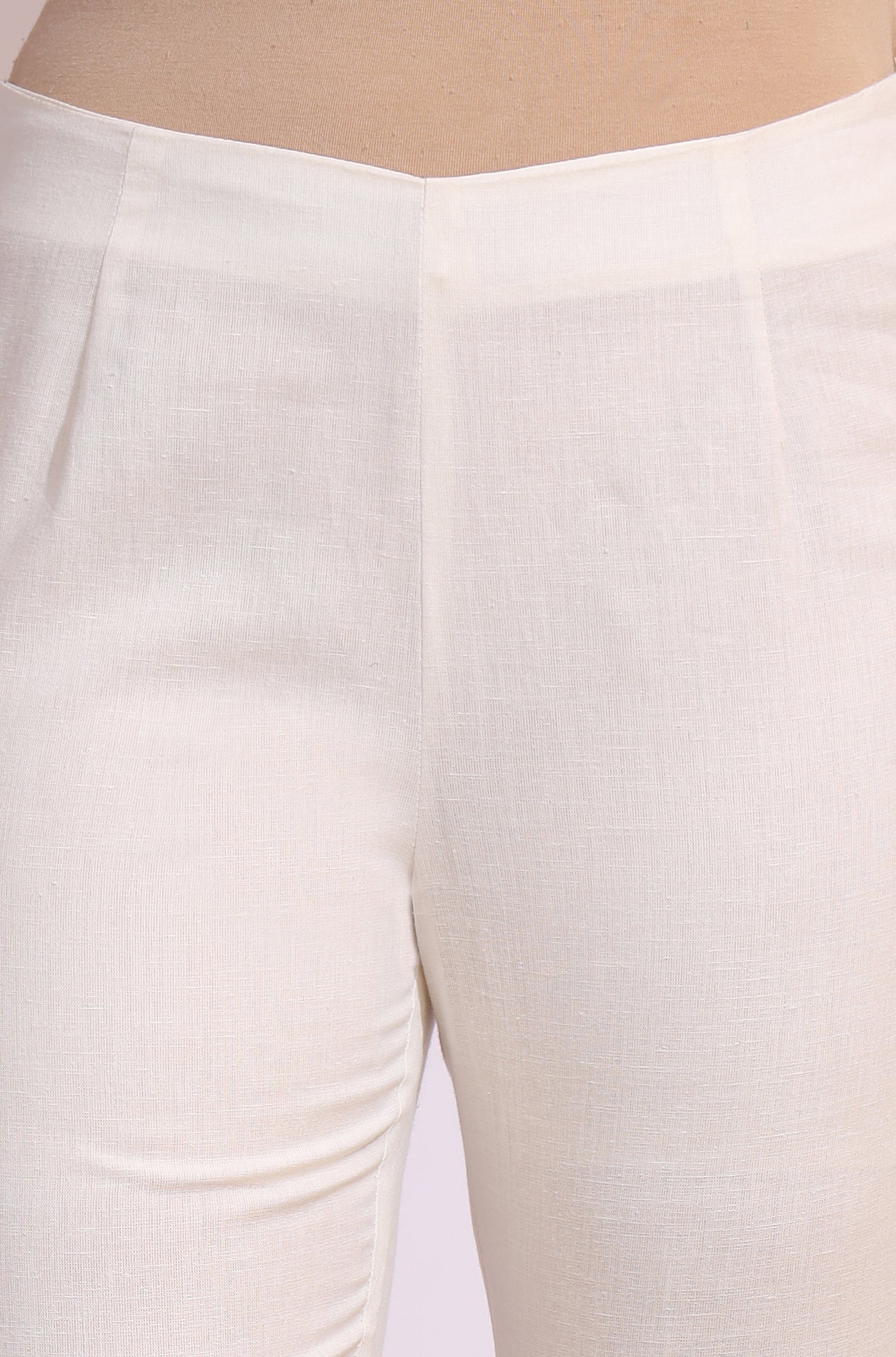 White Solid Mid-Rise Cotton Flax Slim Pants