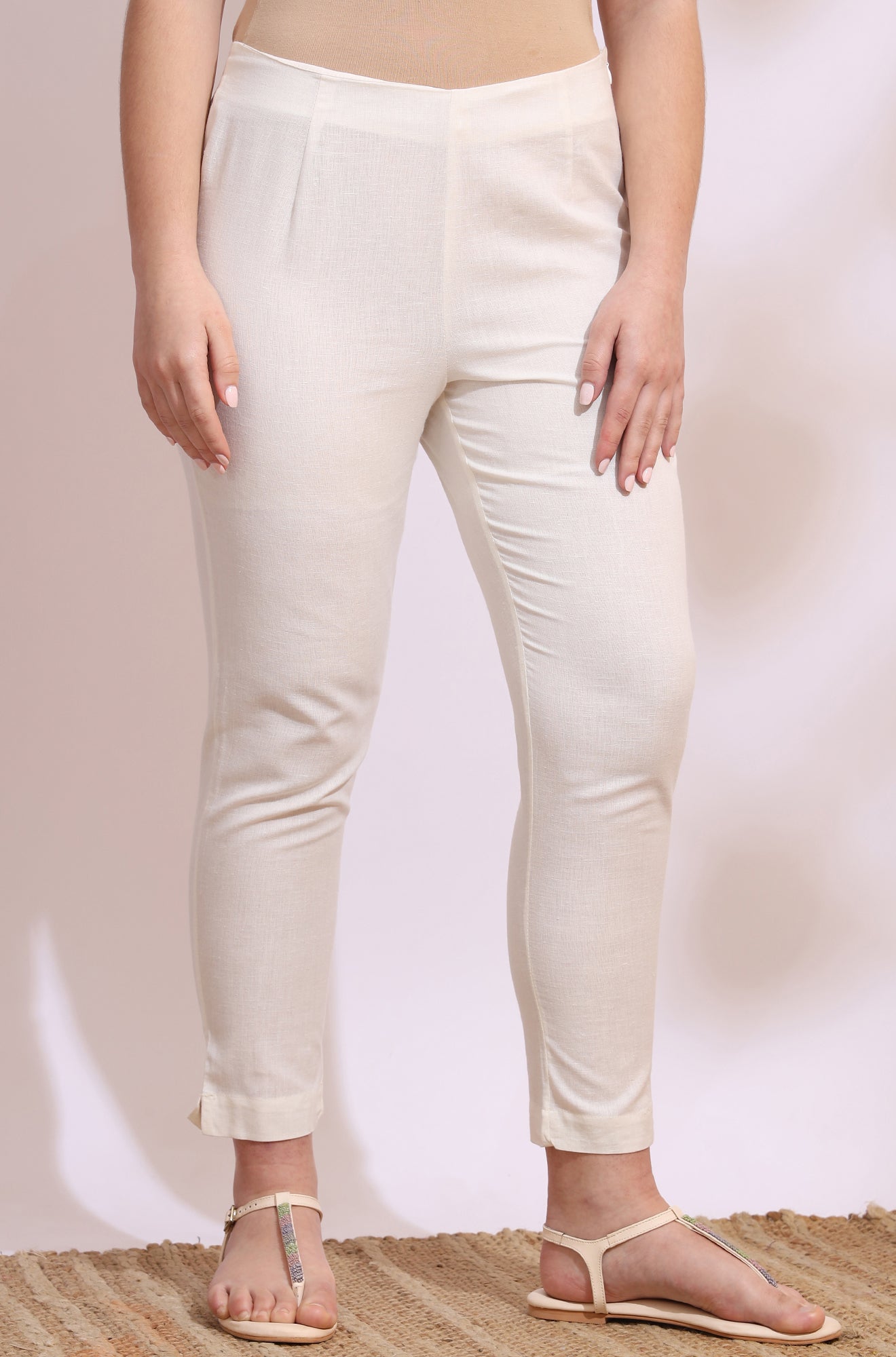 White Solid Mid-Rise Cotton Flax Slim Pants