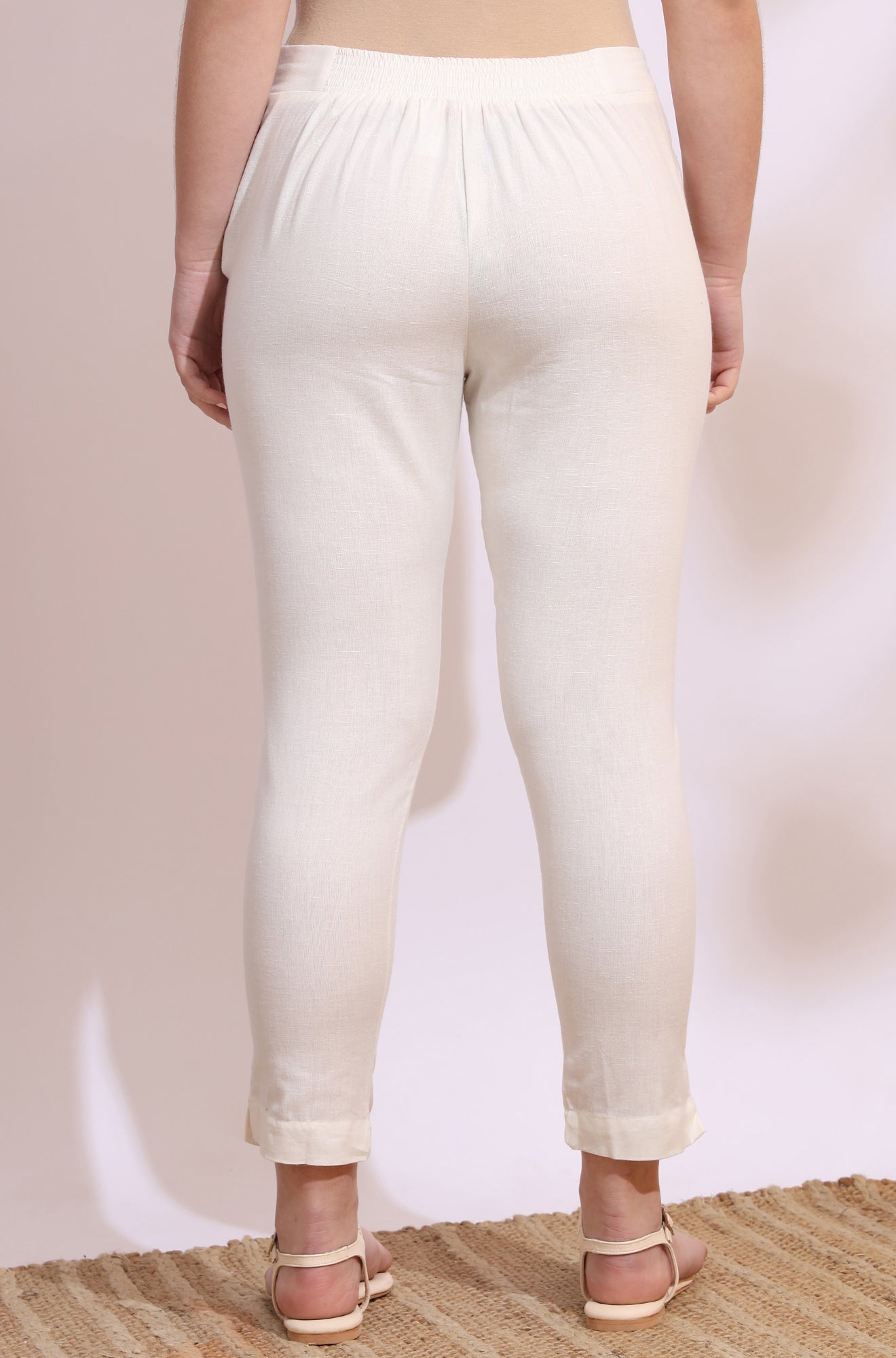 White Solid Mid-Rise Cotton Flax Slim Pants