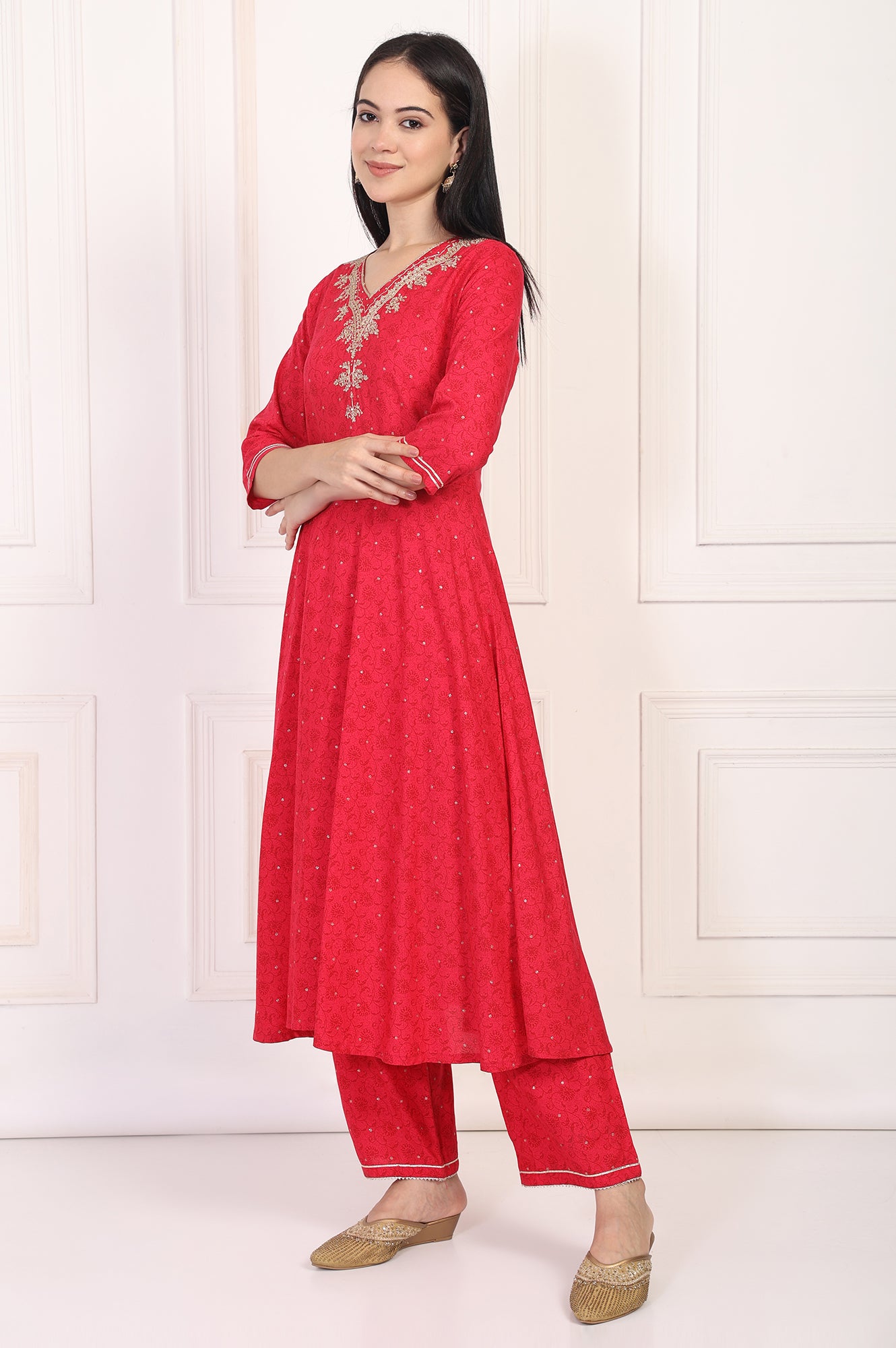 Red Embroidered A-Line Kurta and Straight Trouser Set