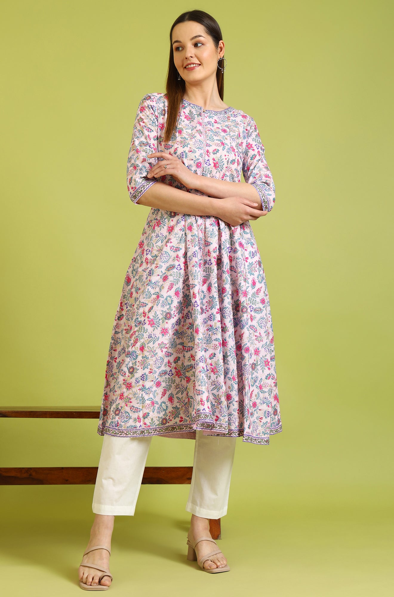 Light Pink Floral Glitter Printed Pure Cotton Anarkali Kurta and Pants Set