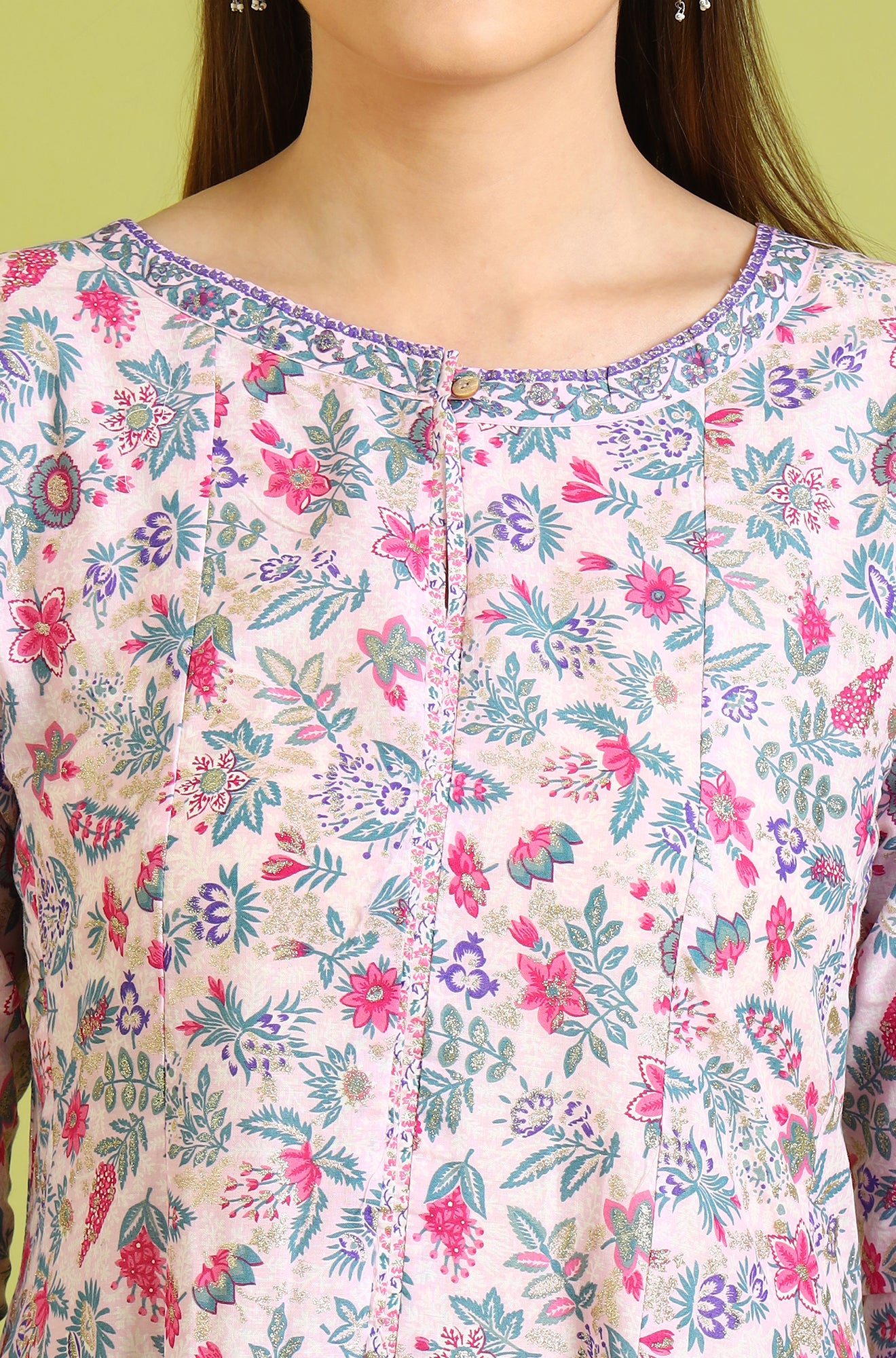 Light Pink Floral Glitter Printed Pure Cotton Anarkali Kurta and Pants Set