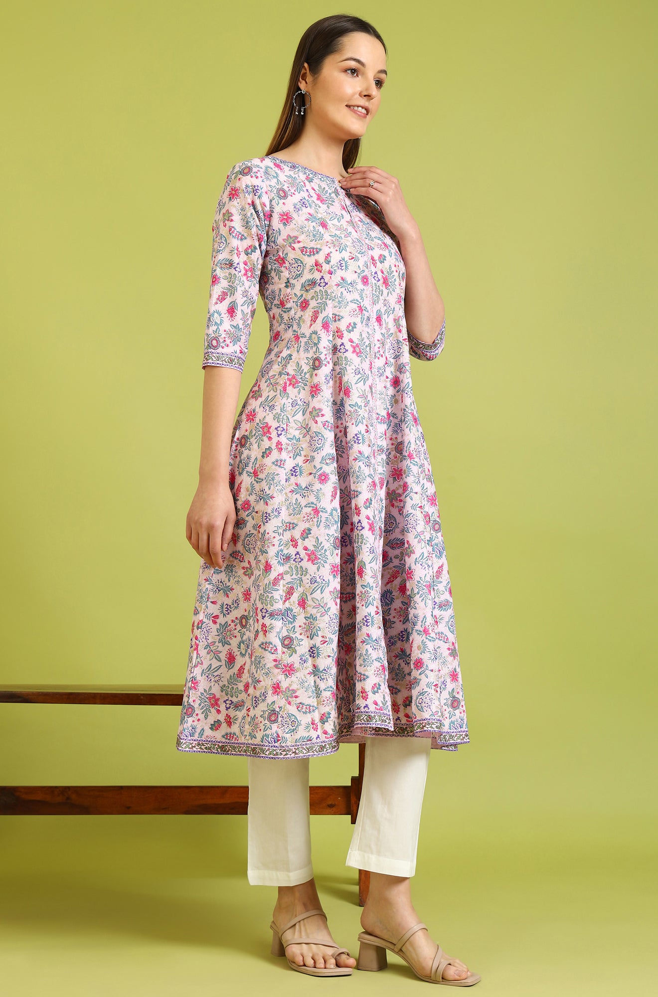 Light Pink Floral Glitter Printed Pure Cotton Anarkali Kurta and Pants Set