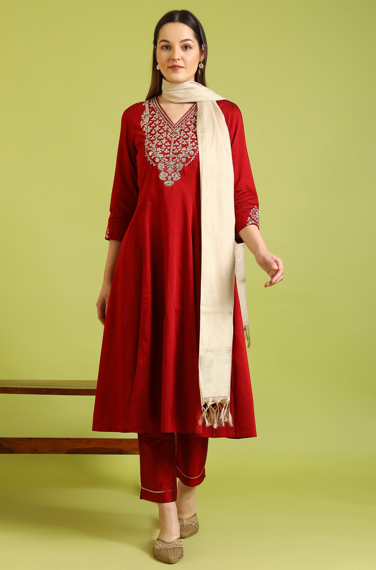 Dark Red Metallic Embroidered Anarkali Kurta, Pants and Dupatta Set