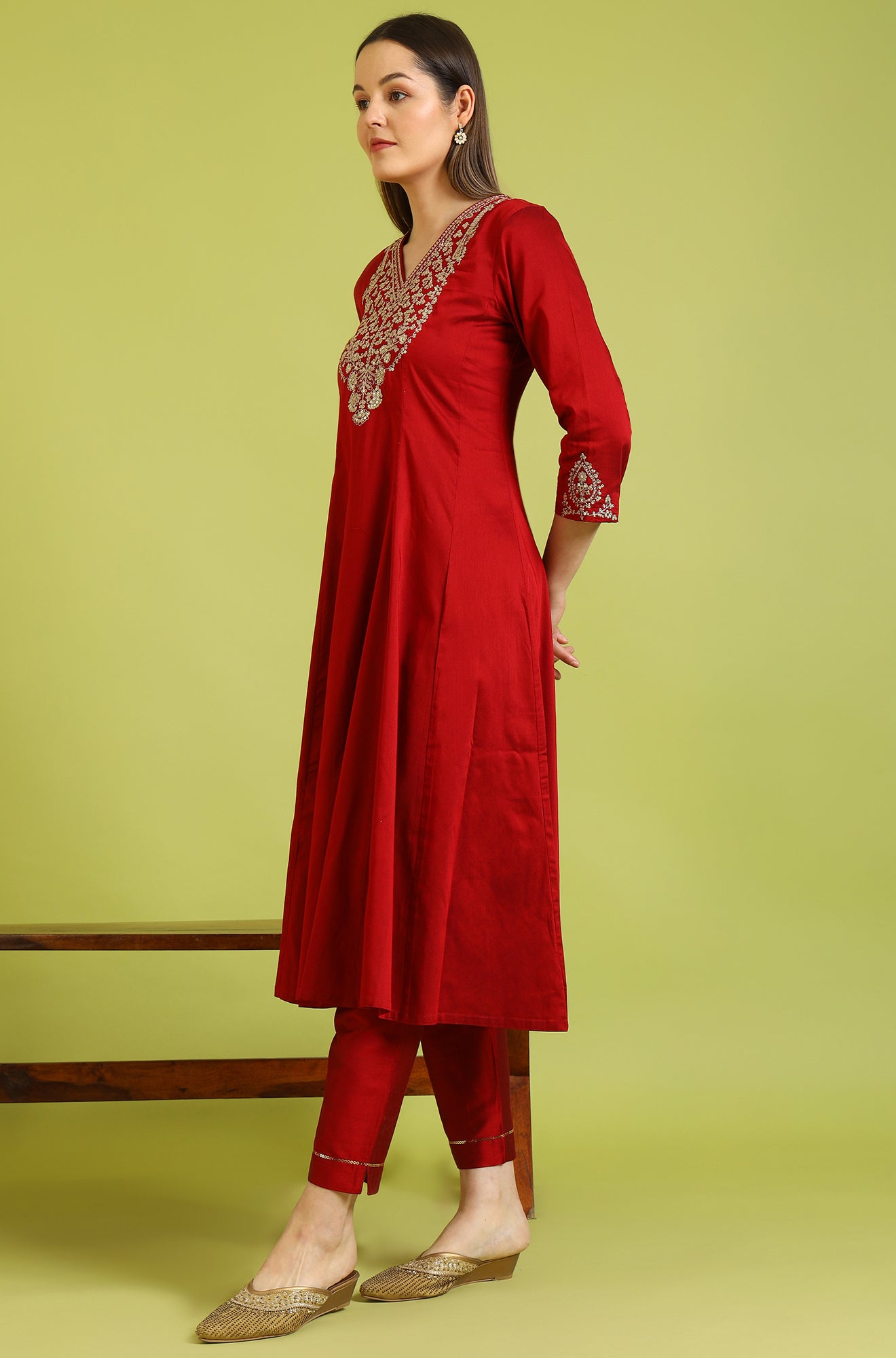 Dark Red Metallic Embroidered Anarkali Kurta, Pants and Dupatta Set
