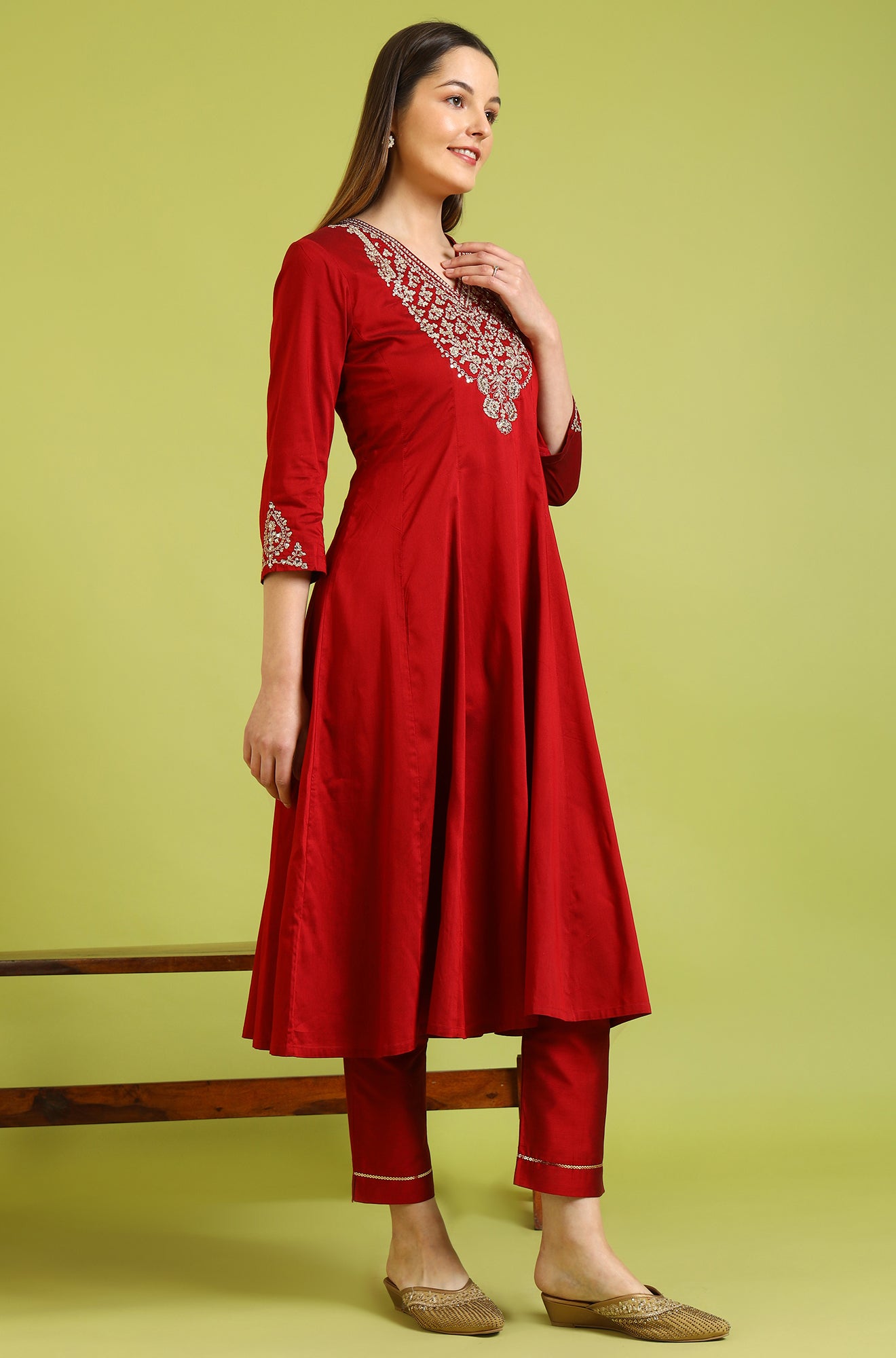Dark Red Metallic Embroidered Anarkali Kurta, Pants and Dupatta Set