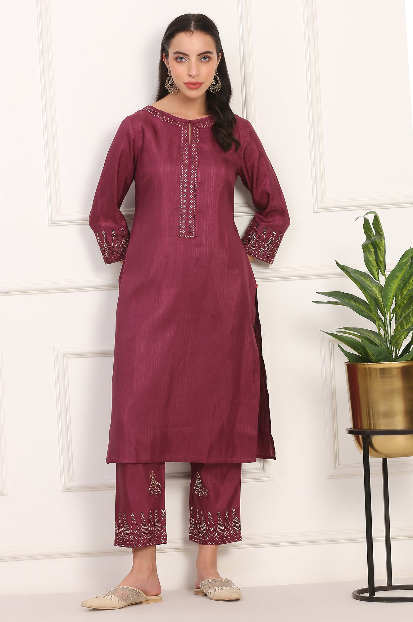 Purple Mukaish Embellished Straight Kurta and Straight Pants Co-ord Set