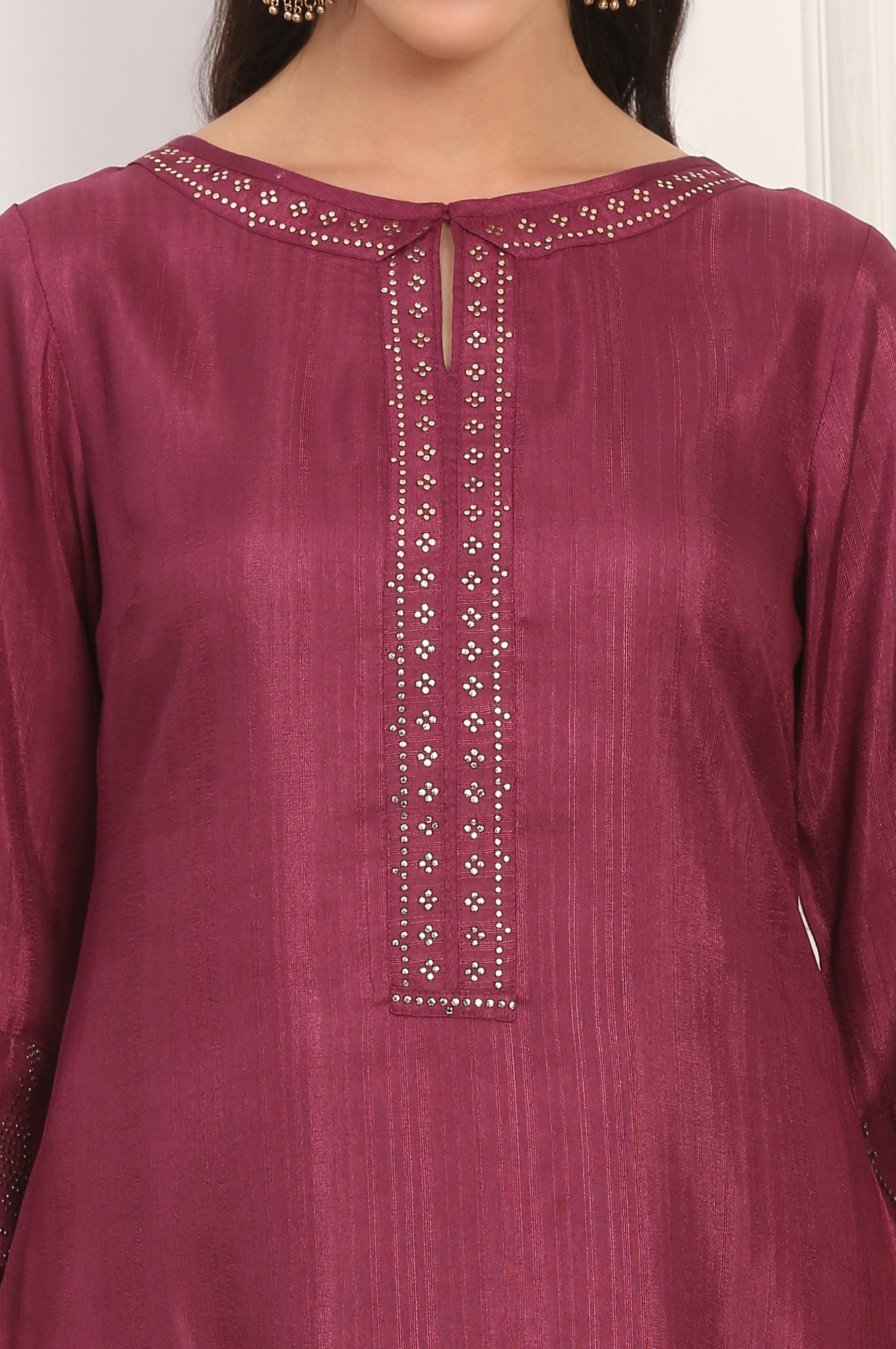 Purple Mukaish Embellished Straight Kurta and Straight Pants Co-ord Set
