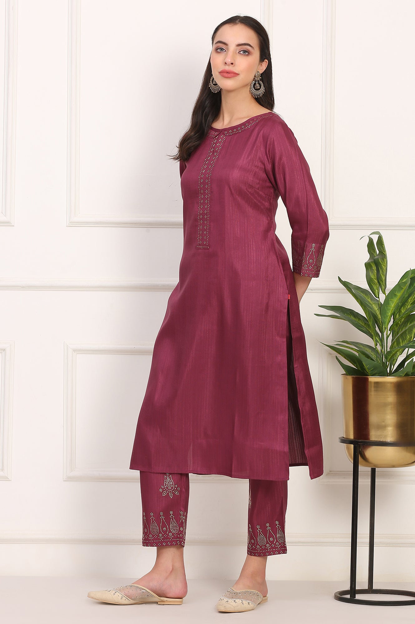 Purple Mukaish Embellished Straight Kurta and Straight Pants Co-ord Set