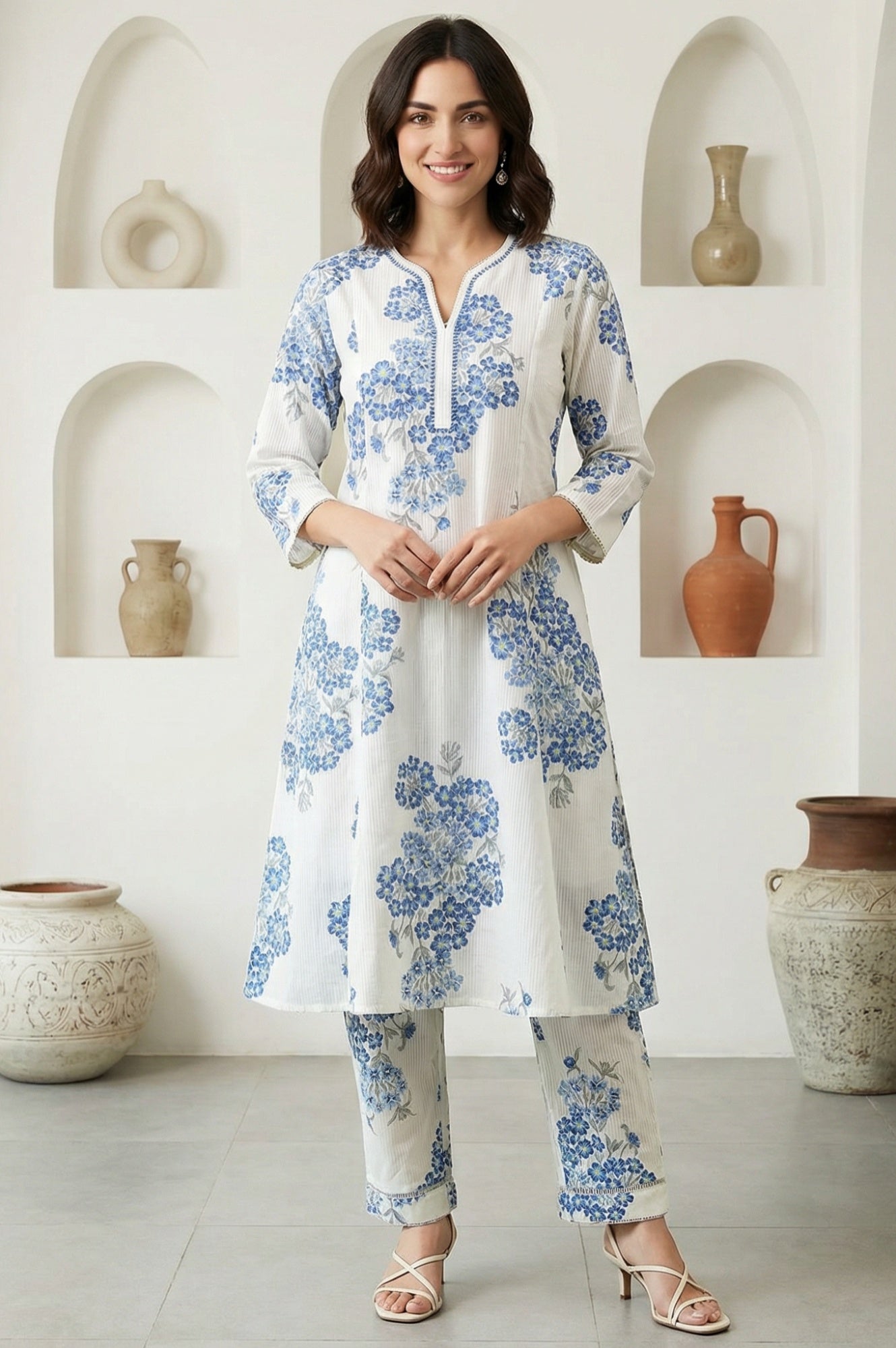 White Floral Printed Pure Cotton Flared Kurta and Pants Co-ord Set