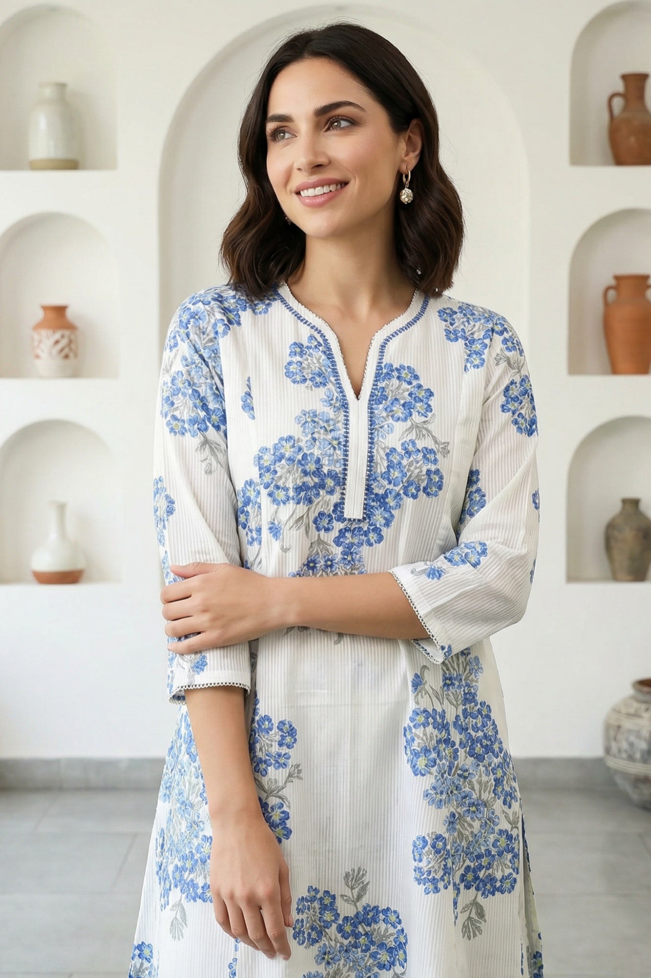 White Floral Printed Pure Cotton Flared Kurta and Pants Co-ord Set