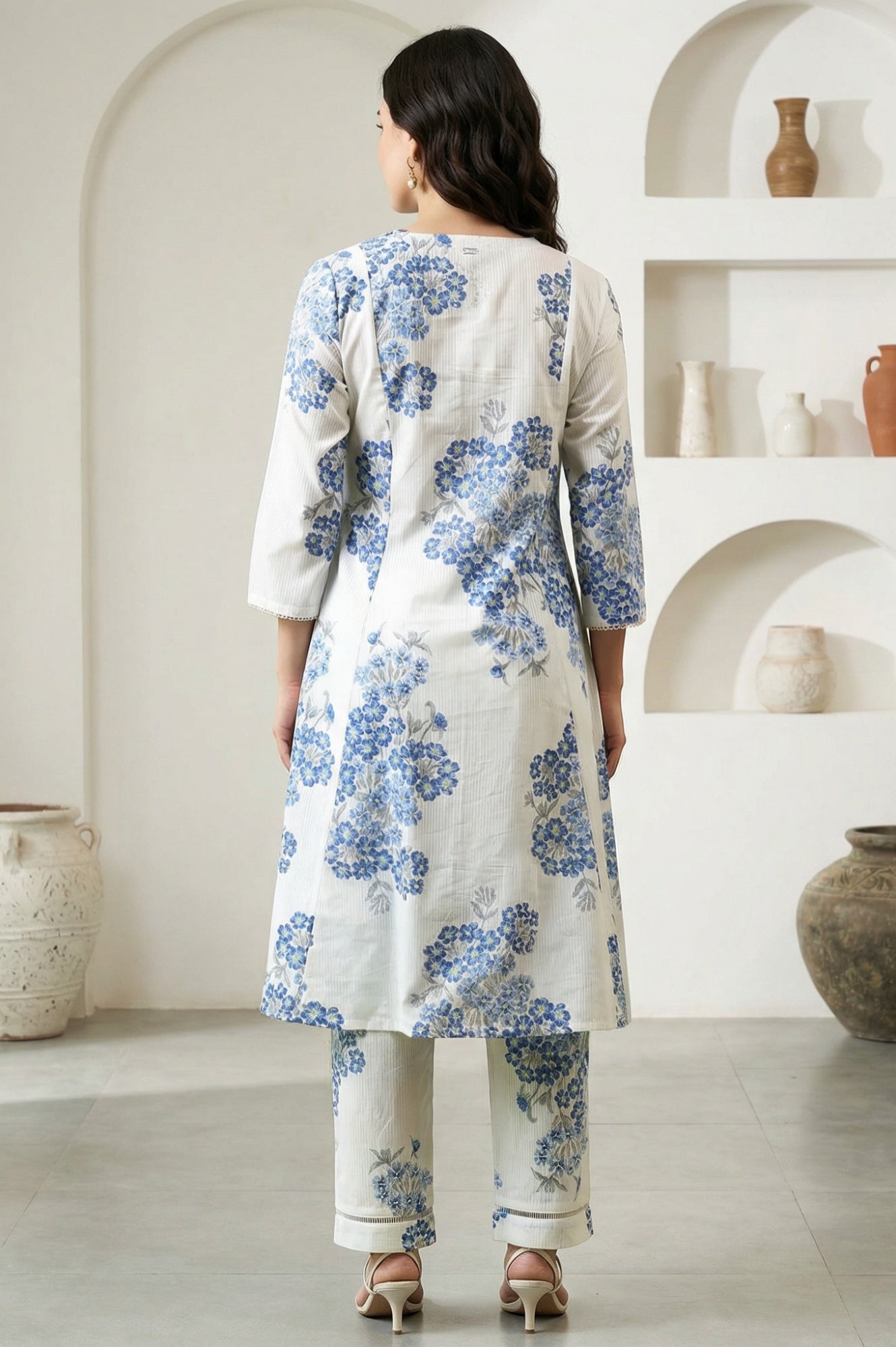 White Floral Printed Pure Cotton Flared Kurta and Pants Co-ord Set