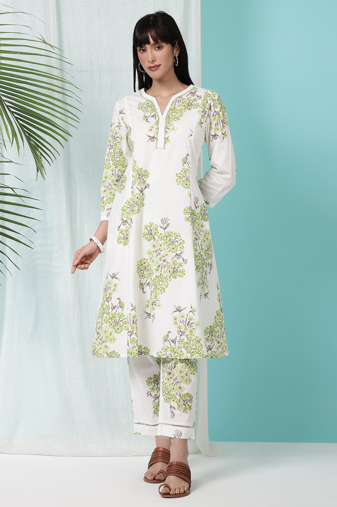 White Floral Printed Pure Cotton Flared Kurta and Pants Co-ord Set