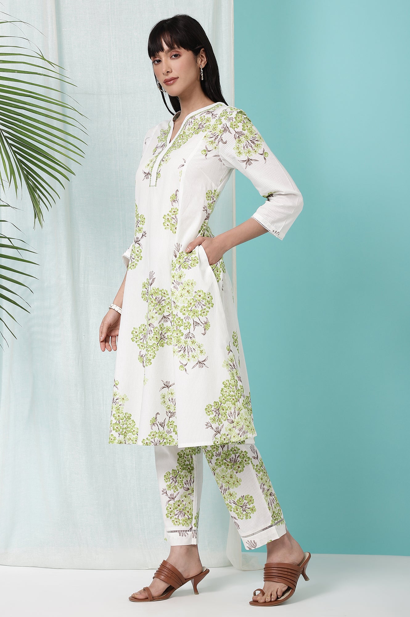 White Floral Printed Pure Cotton Flared Kurta and Pants Co-ord Set
