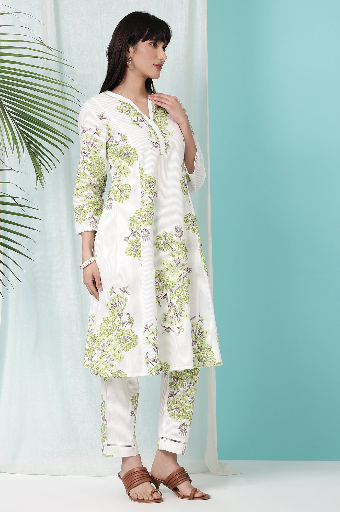 White Floral Printed Pure Cotton Flared Kurta and Pants Co-ord Set