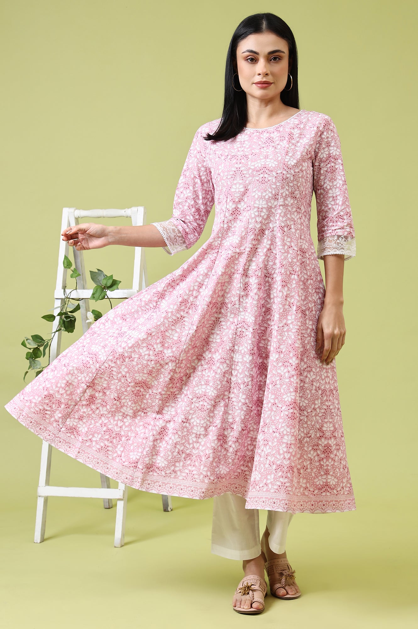 Pink Floral Printed Pure Cotton Anarkali Kurta and Straight Pants Set