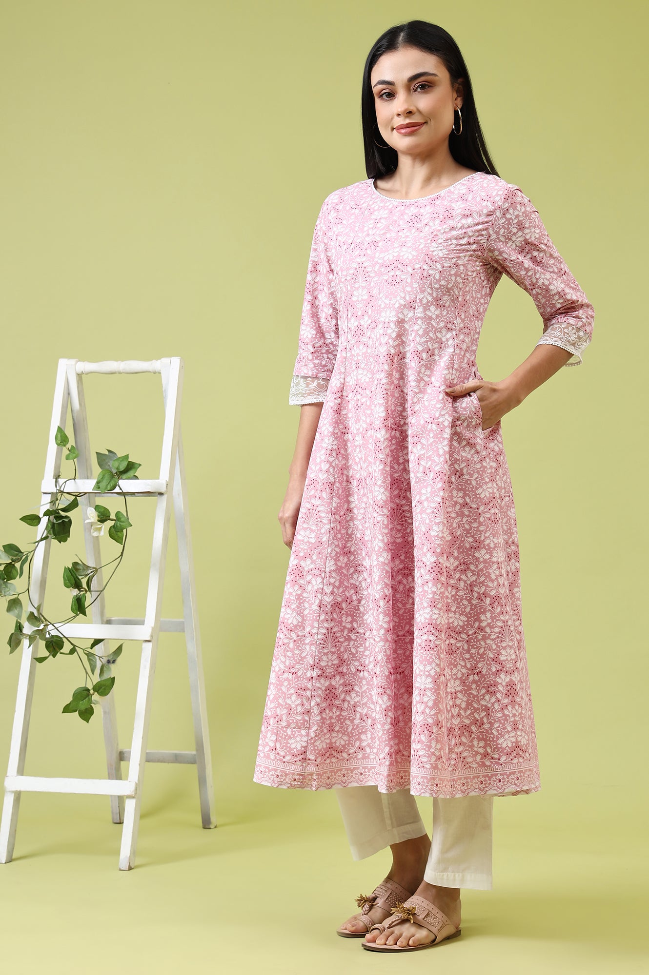 Pink Floral Printed Pure Cotton Anarkali Kurta and Straight Pants Set