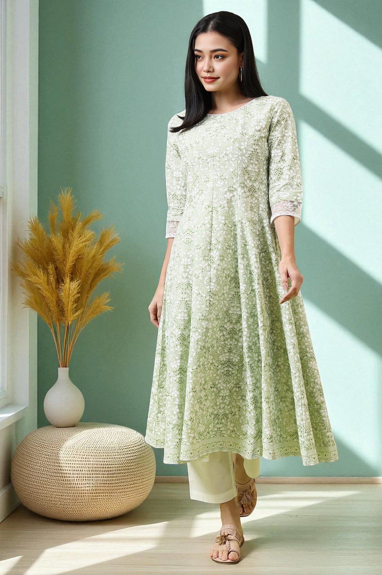 Green Paisley Printed Pure Cotton Anarkali Kurta and Pants Set