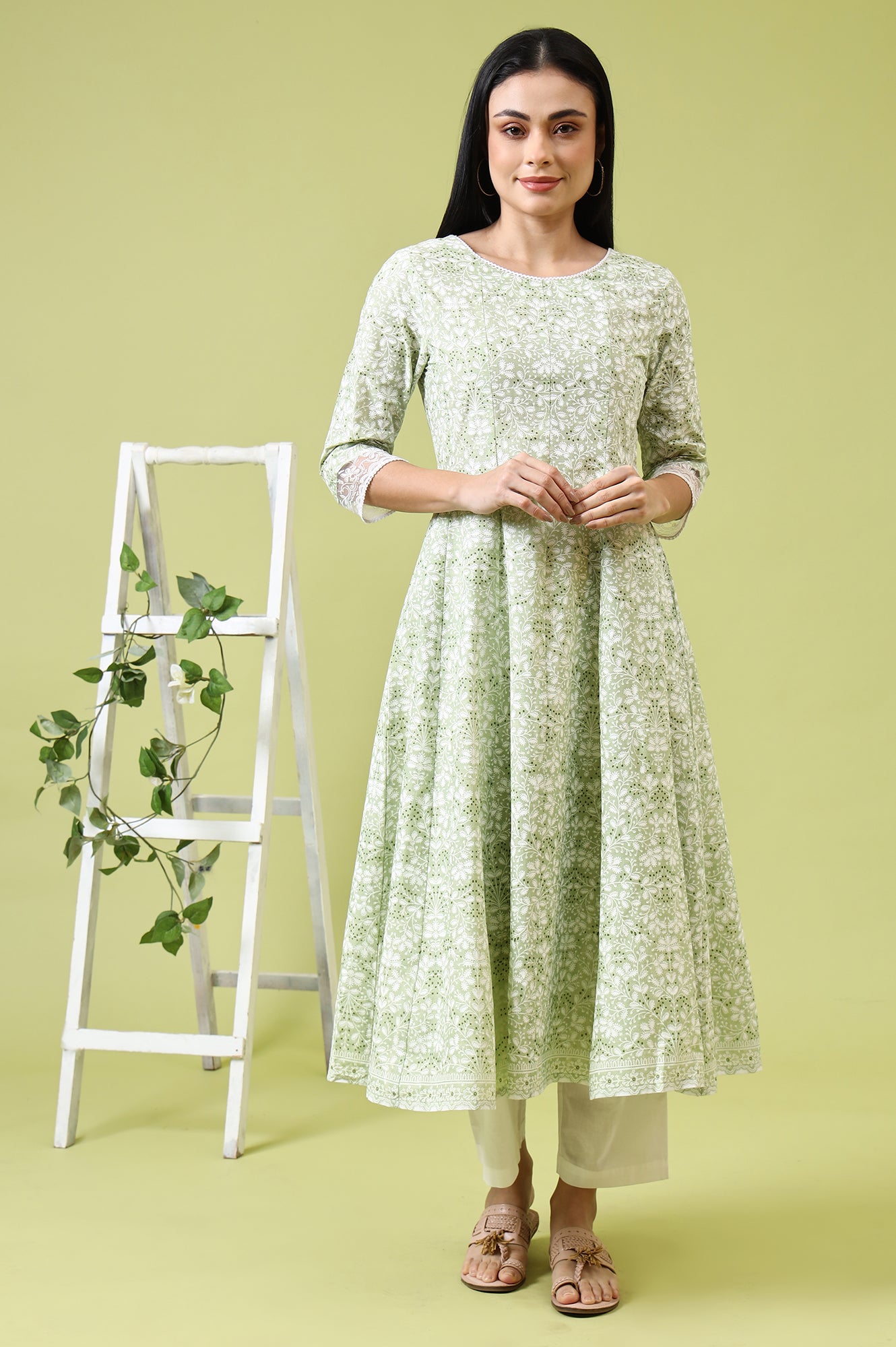 Green Paisley Printed Pure Cotton Anarkali Kurta and Pants Set