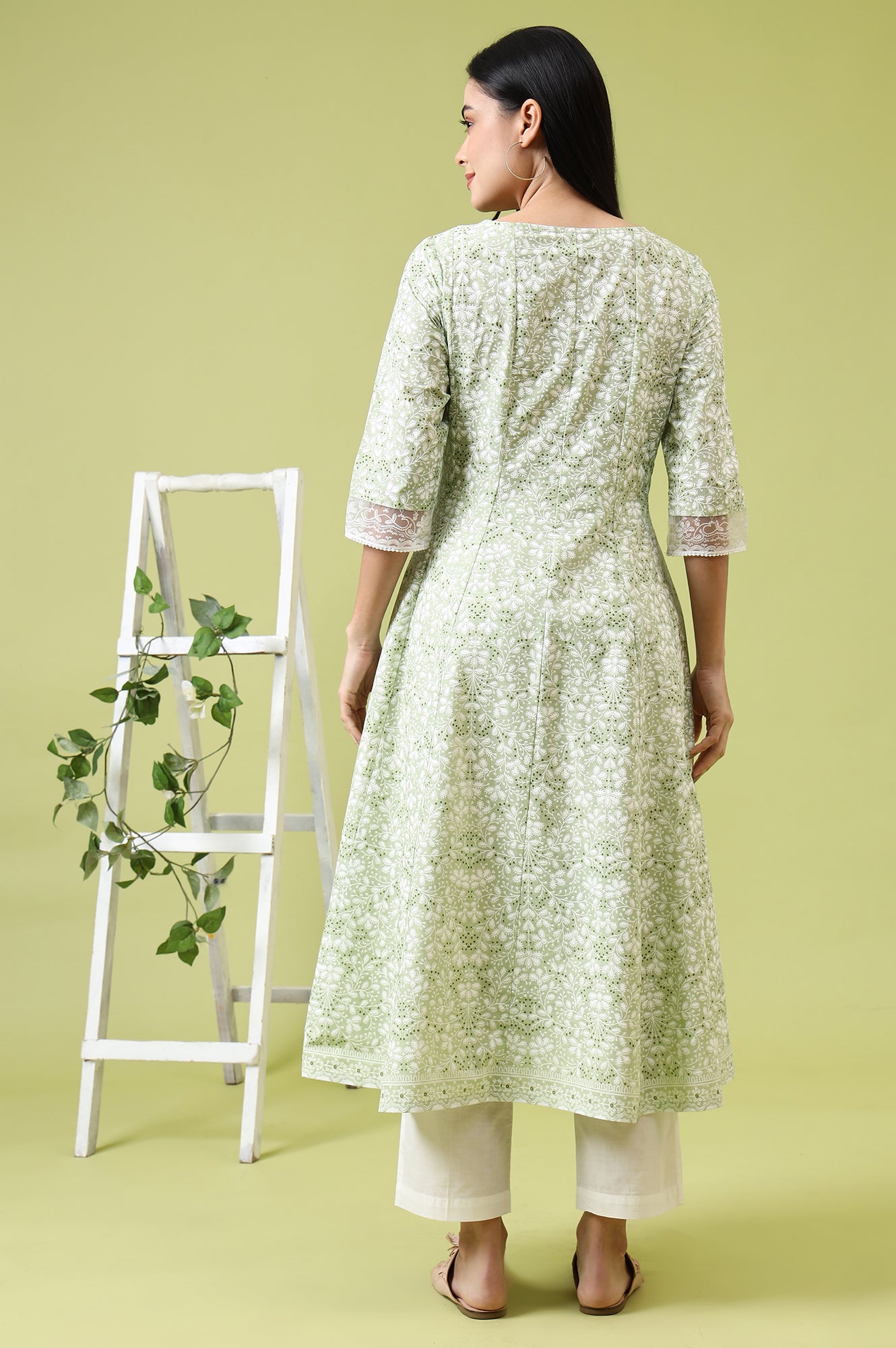 Green Paisley Printed Pure Cotton Anarkali Kurta and Pants Set