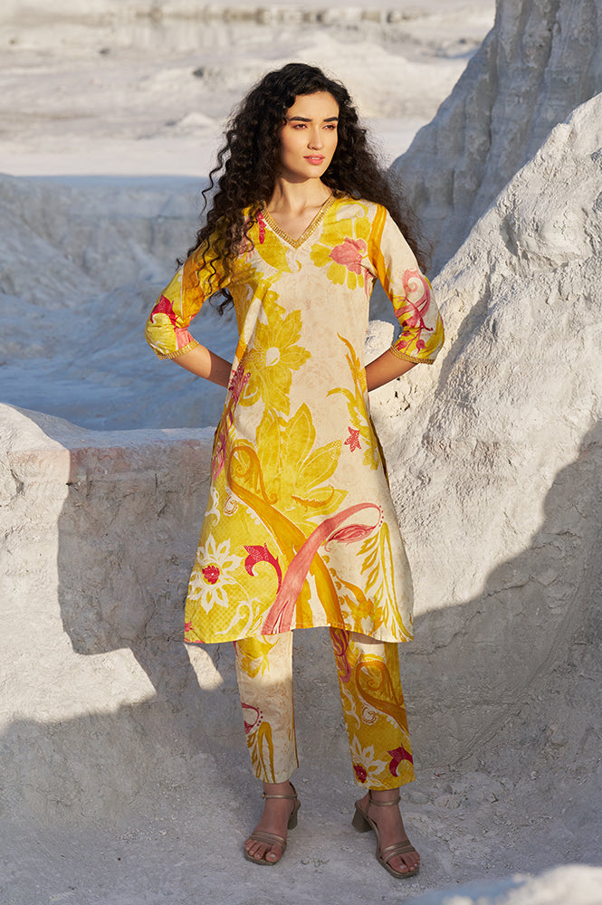 Yellow Bold Floral Printed Modal Straight Kurta and Pants Co-ord Set