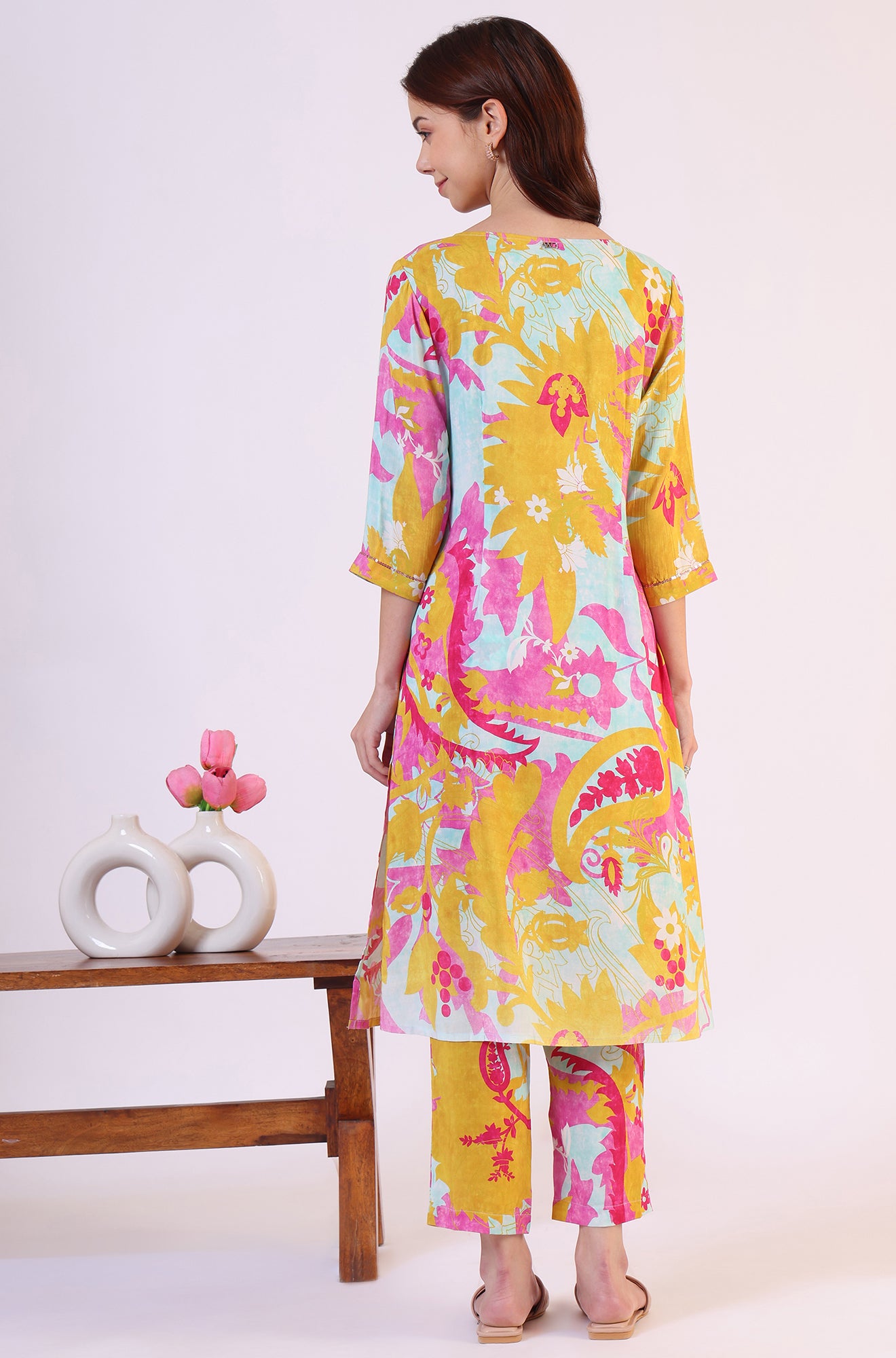 Blue Abstract Printed Sequined Yoke Satin Straight Kurta and Pants Set
