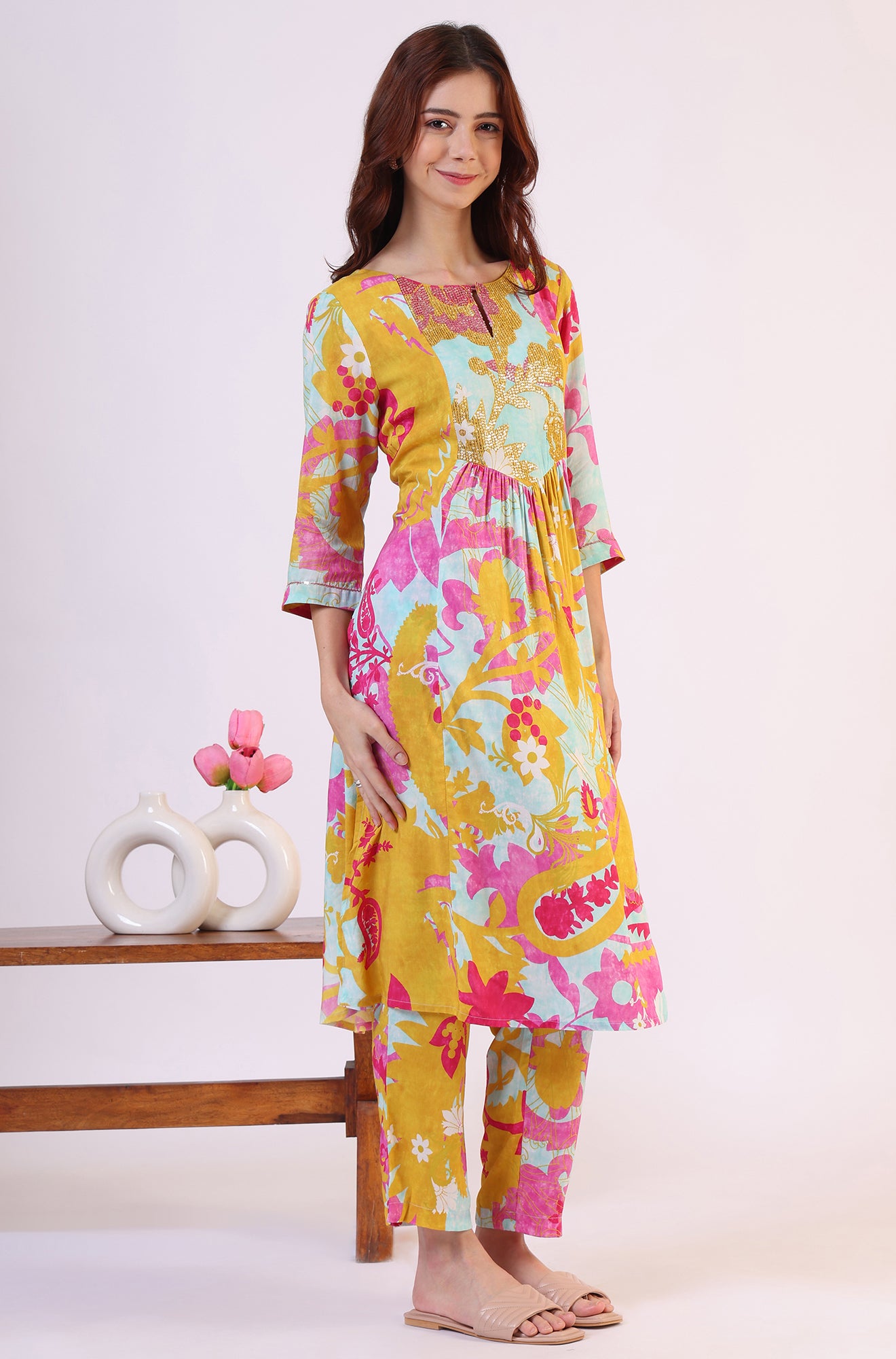 Blue Abstract Printed Sequined Yoke Satin Straight Kurta and Pants Set