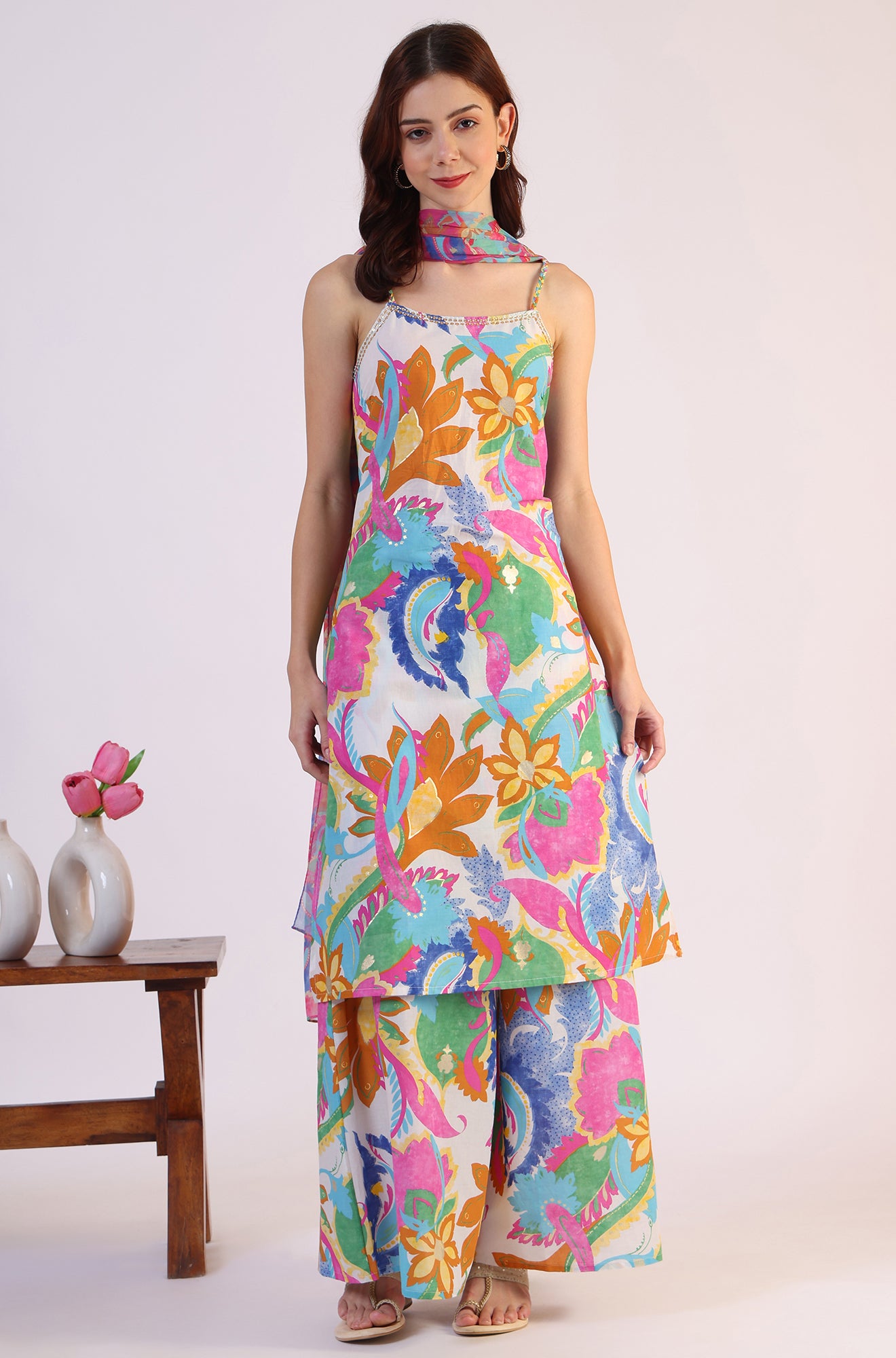 White Abstract Printed Pure Cotton Spaghetti Kurta, Flared Pants and Dupatta Set