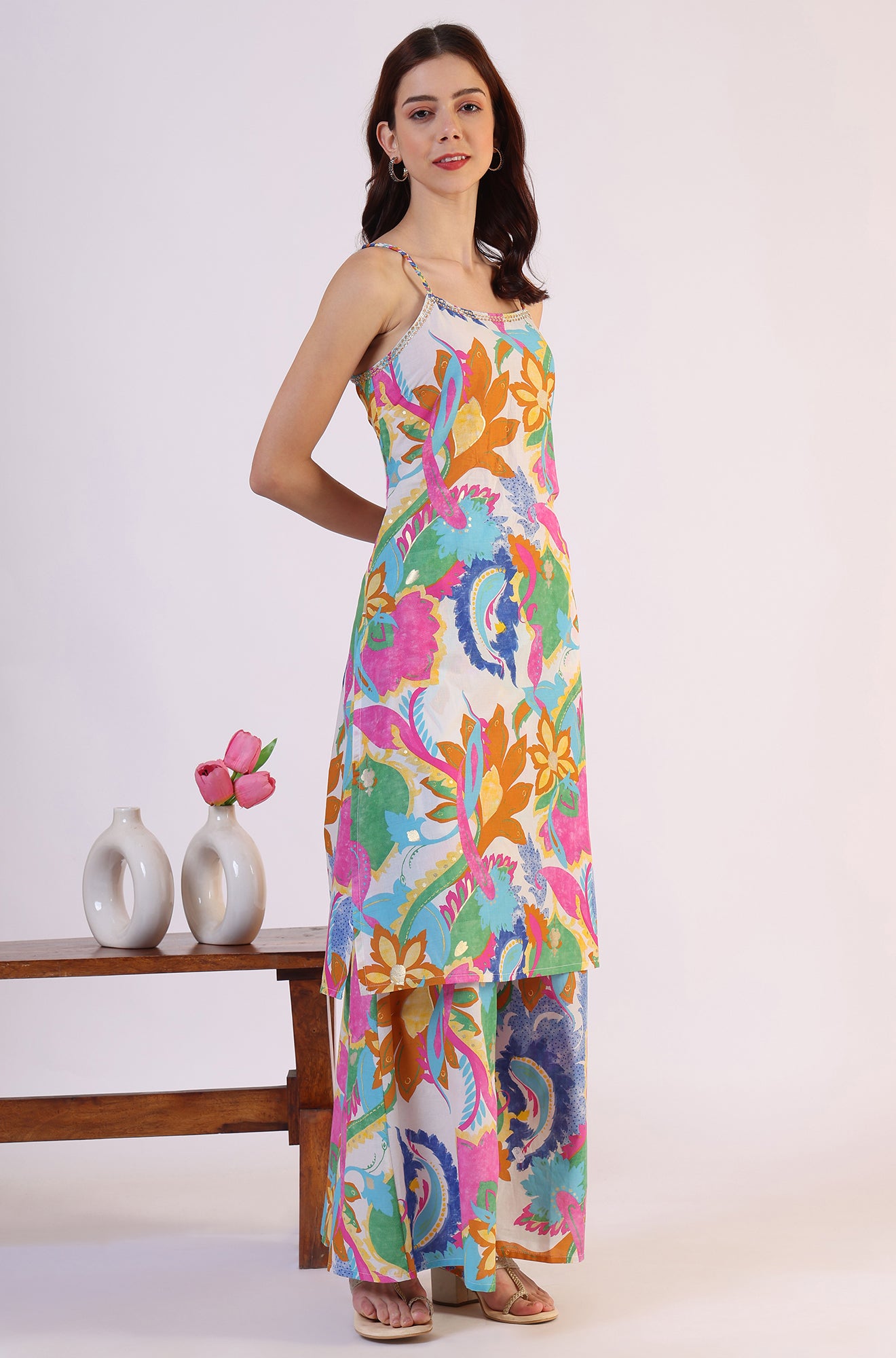 White Abstract Printed Pure Cotton Spaghetti Kurta, Flared Pants and Dupatta Set