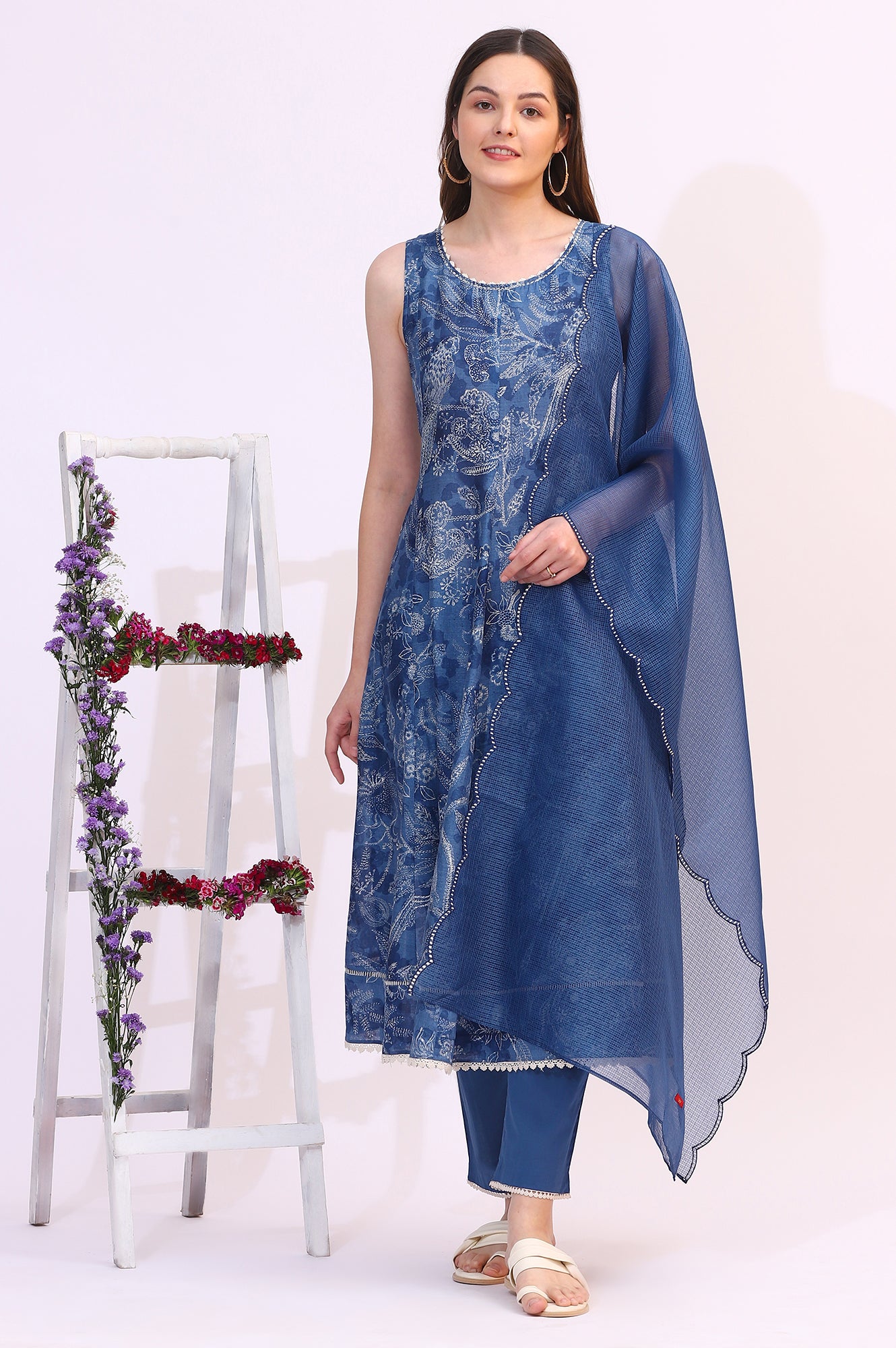 Ink Blue Sleeveless Pure Cotton Anarkali Kurta and Pants Set with Dupatta