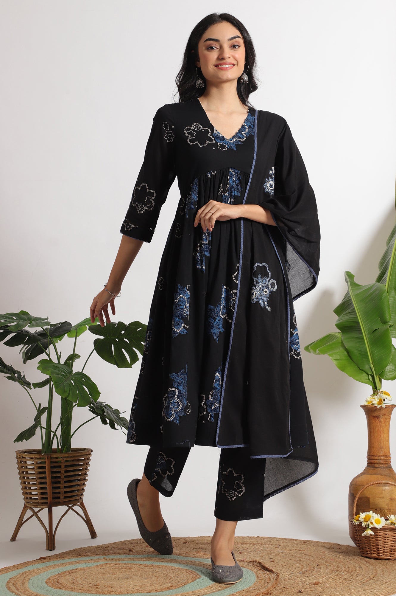 Black Floral Printed Pure Cotton Kurta, Pants and Embroidered Dupatta Set