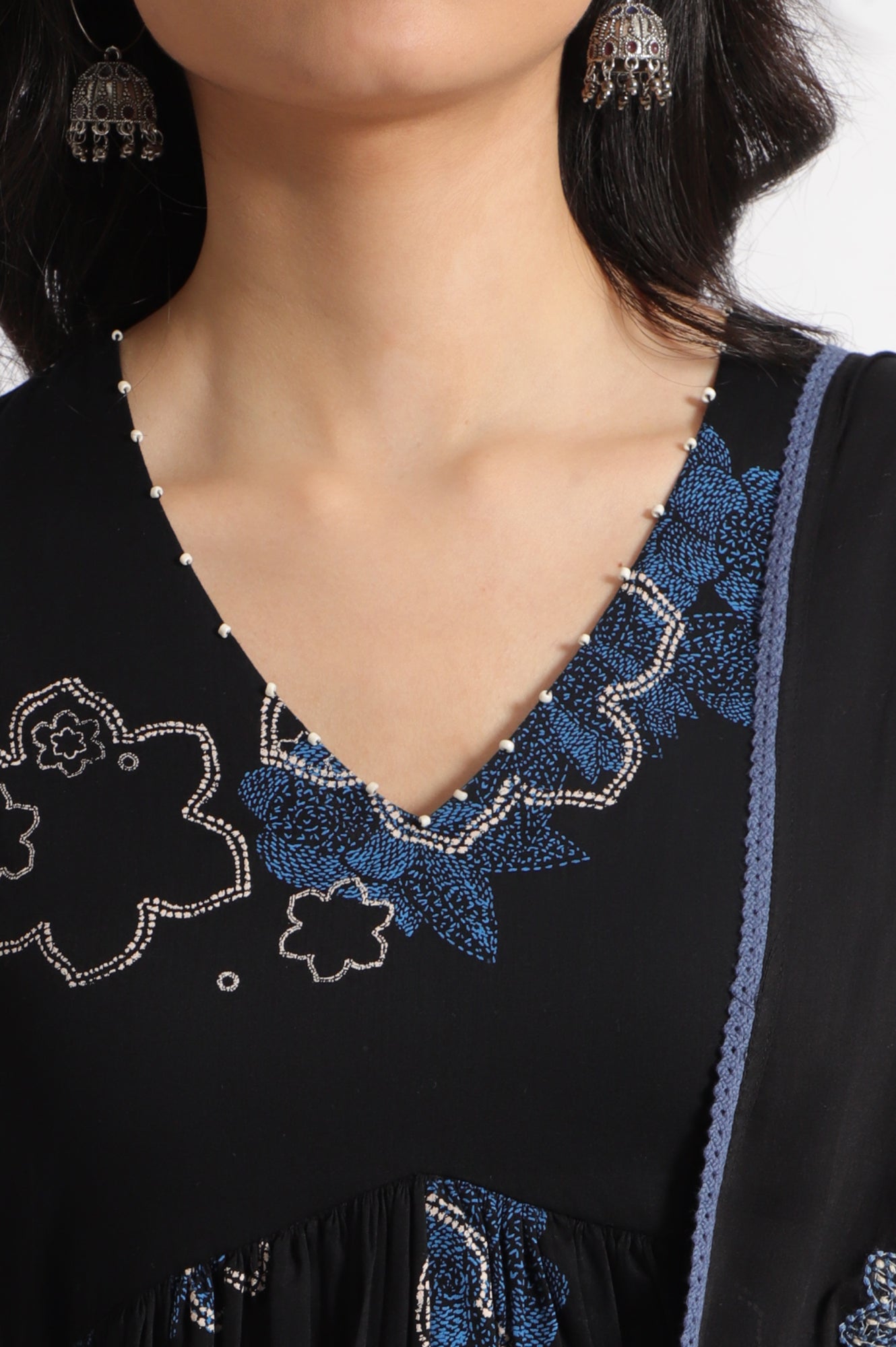 Black Floral Printed Pure Cotton Kurta, Pants and Embroidered Dupatta Set