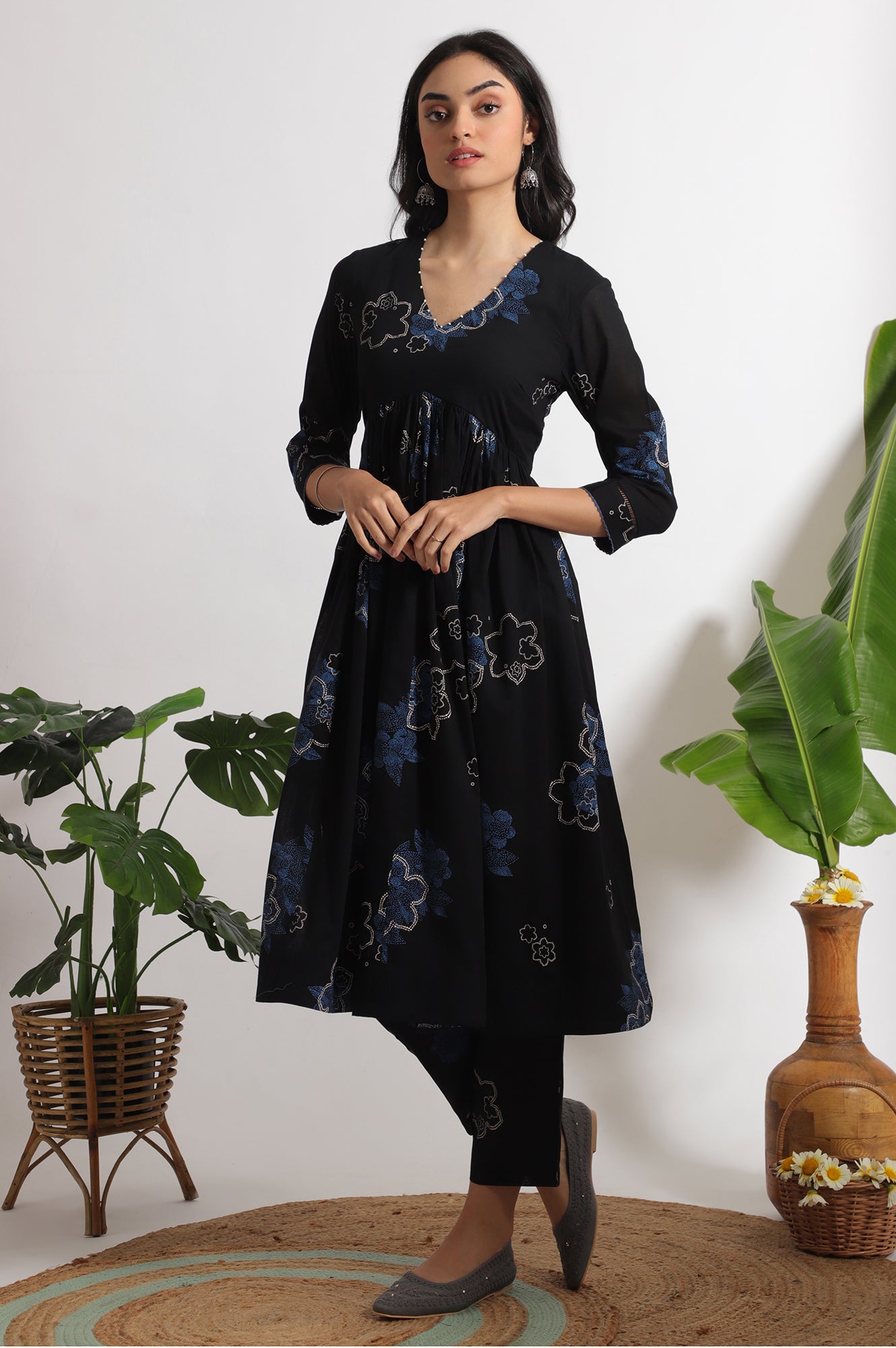 Black Floral Printed Pure Cotton Kurta, Pants and Embroidered Dupatta Set