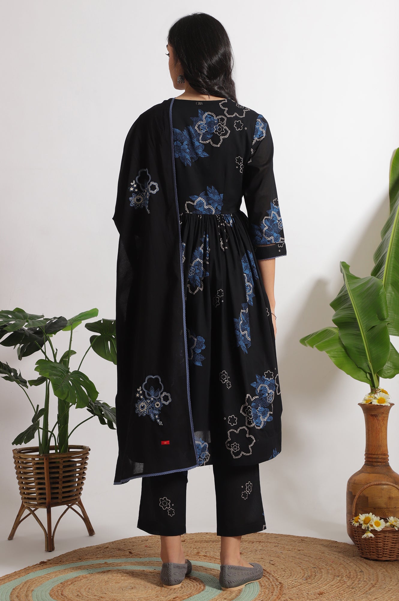 Black Floral Printed Pure Cotton Kurta, Pants and Embroidered Dupatta Set