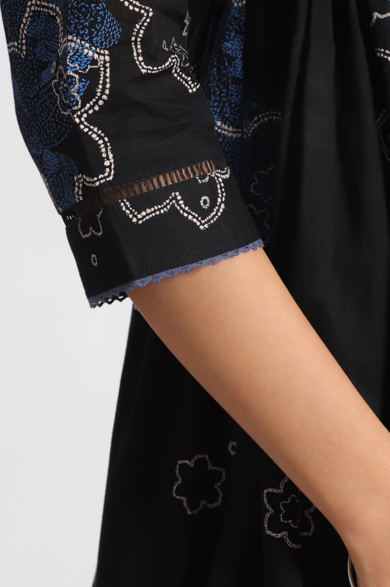 Black Floral Printed Pure Cotton Kurta, Pants and Embroidered Dupatta Set