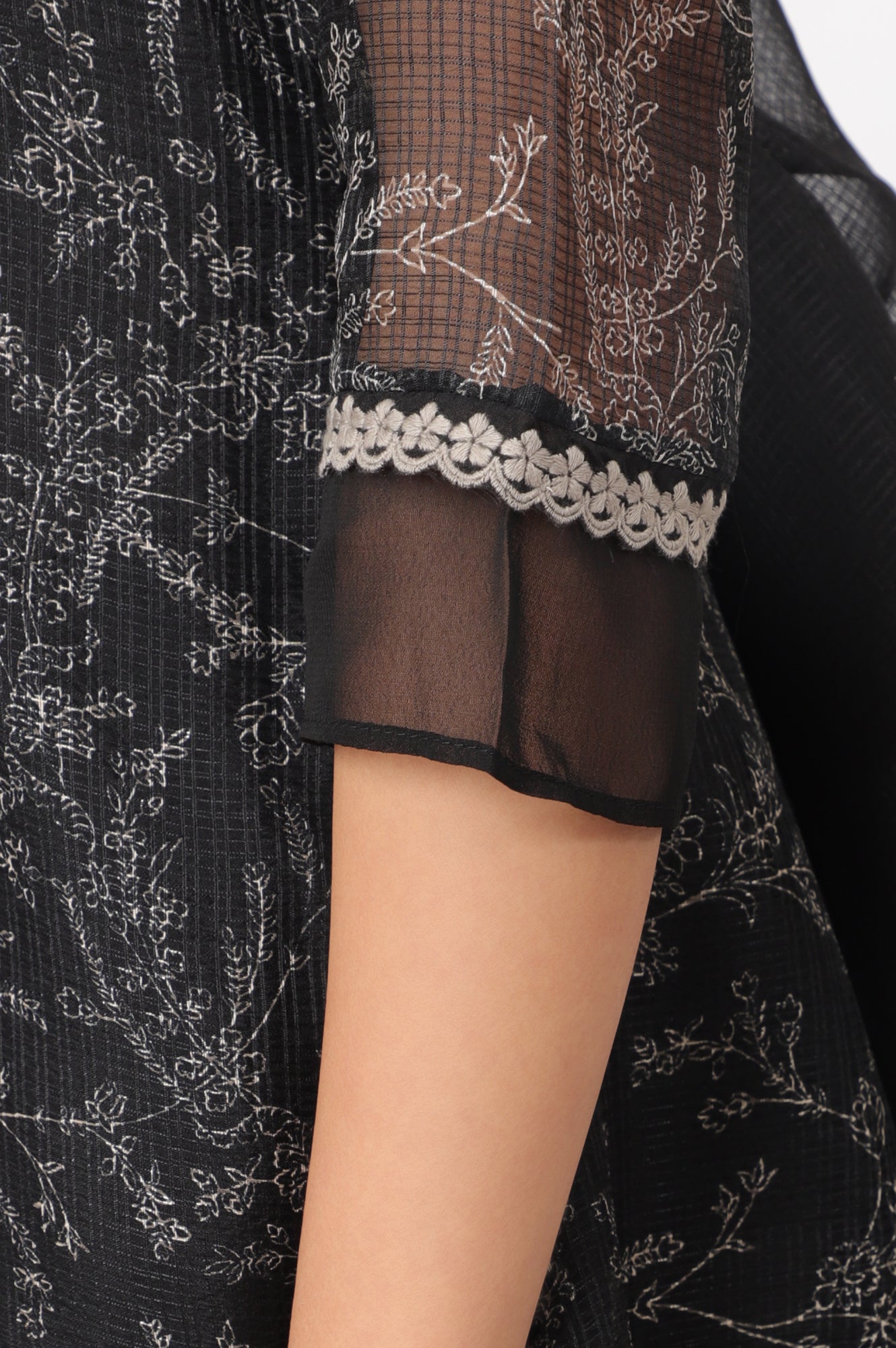 Black Floral Printed Kota A-line Kurta, Pants and Dupatta Set