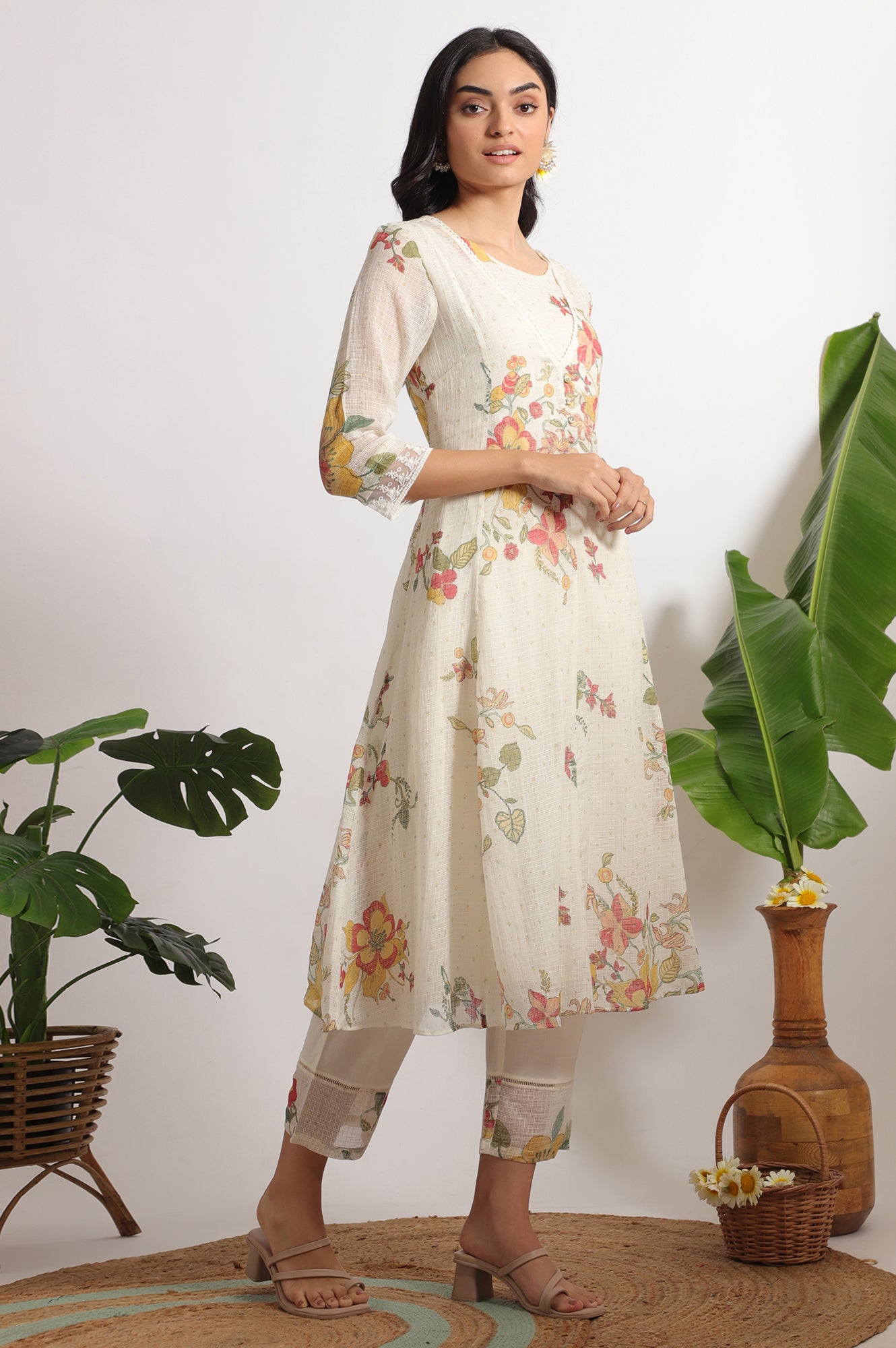 White Floral Printed Mock Layered Kota Flared Kurta and Pants Set with Dupatta