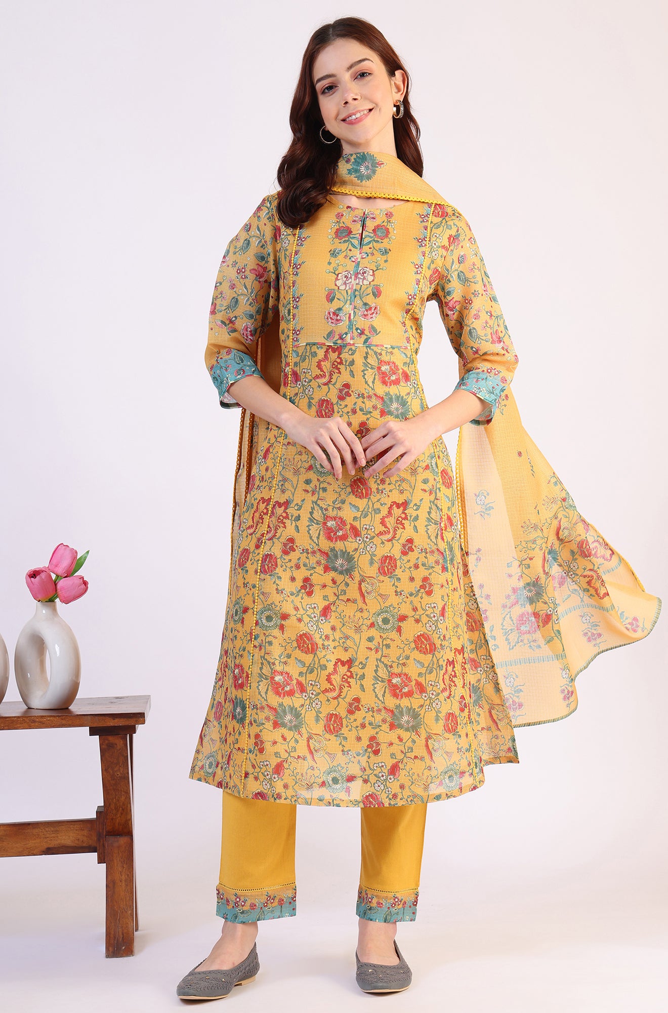 Yellow Floral Printed Flared Kota Kurta & Slim Pants With Dupatta Set