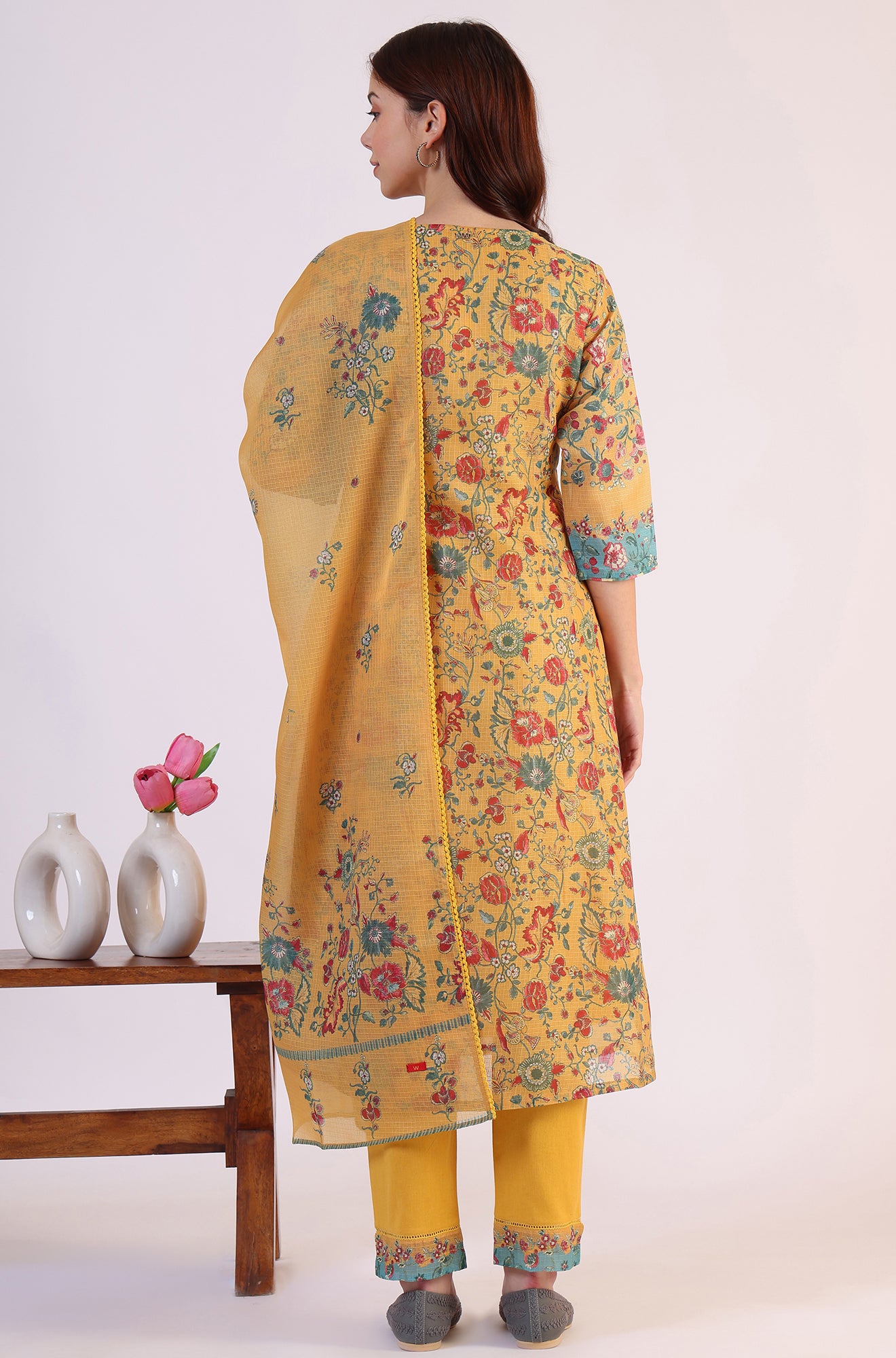 Yellow Floral Printed Flared Kota Kurta & Slim Pants With Dupatta Set