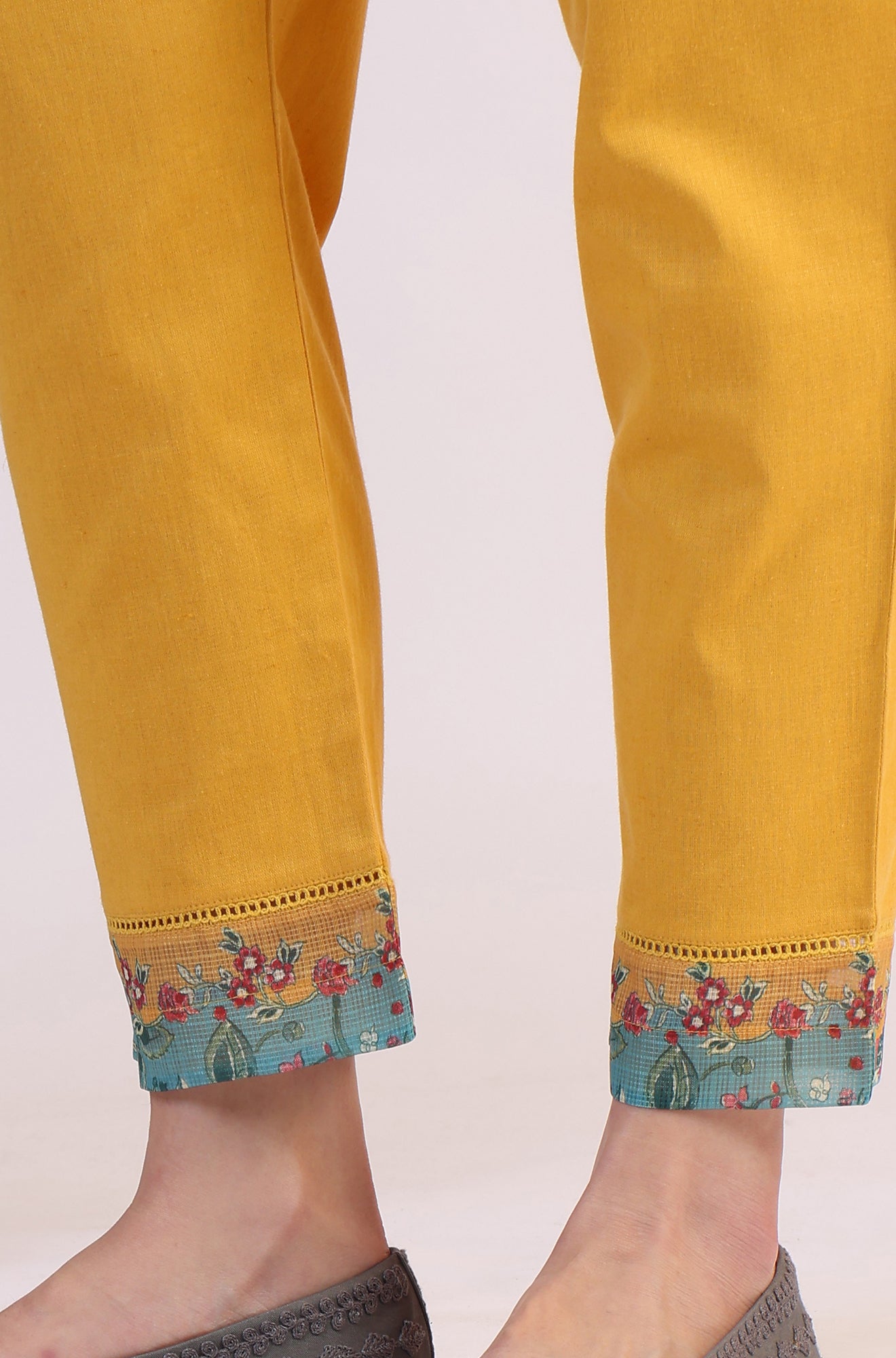 Yellow Floral Printed Flared Kota Kurta & Slim Pants With Dupatta Set